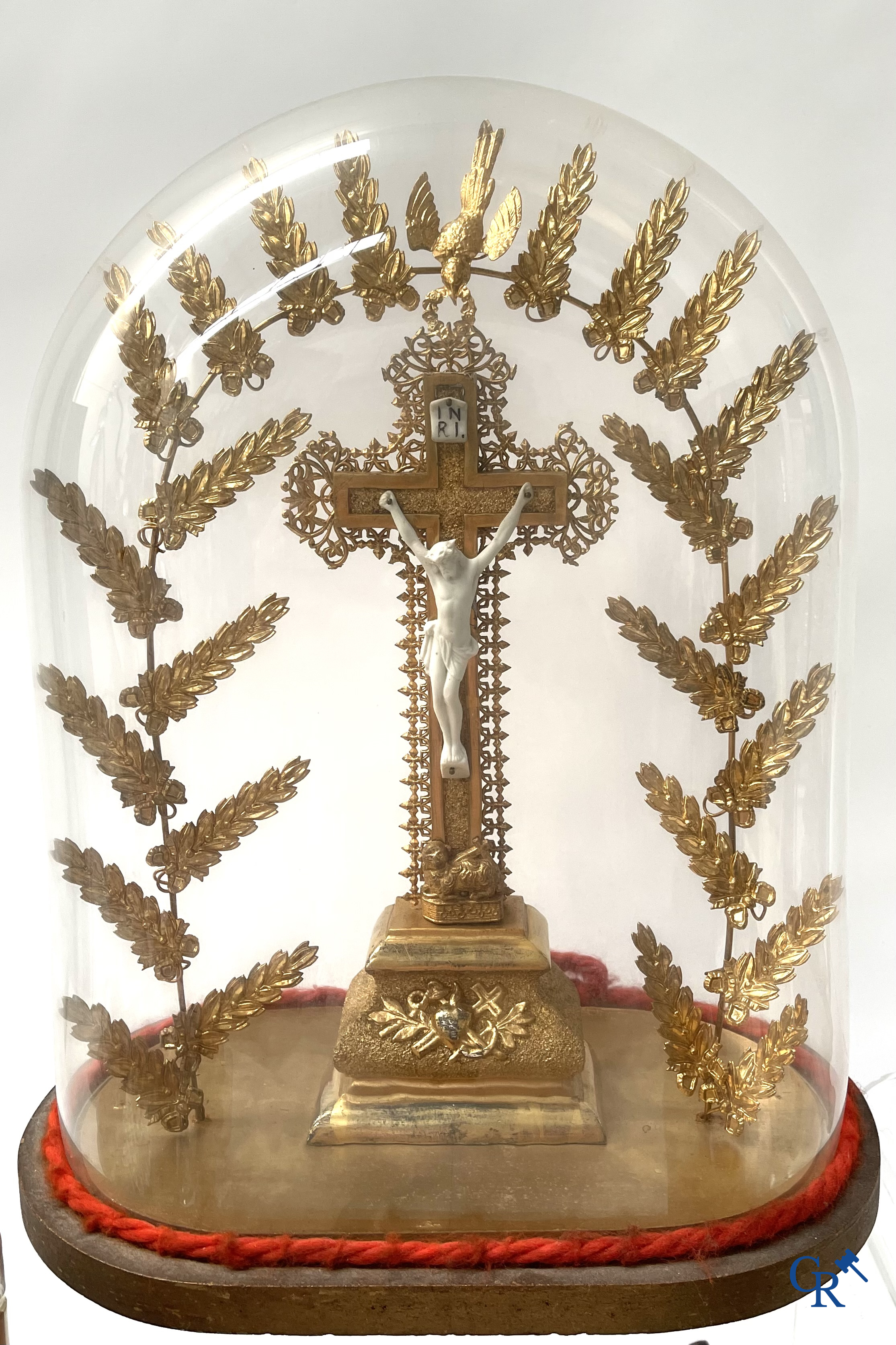 A large lot of brocante including Royal Dux, Biscuit statues, porcelain, globes, spelter statues, table lamp, chandelier etc.