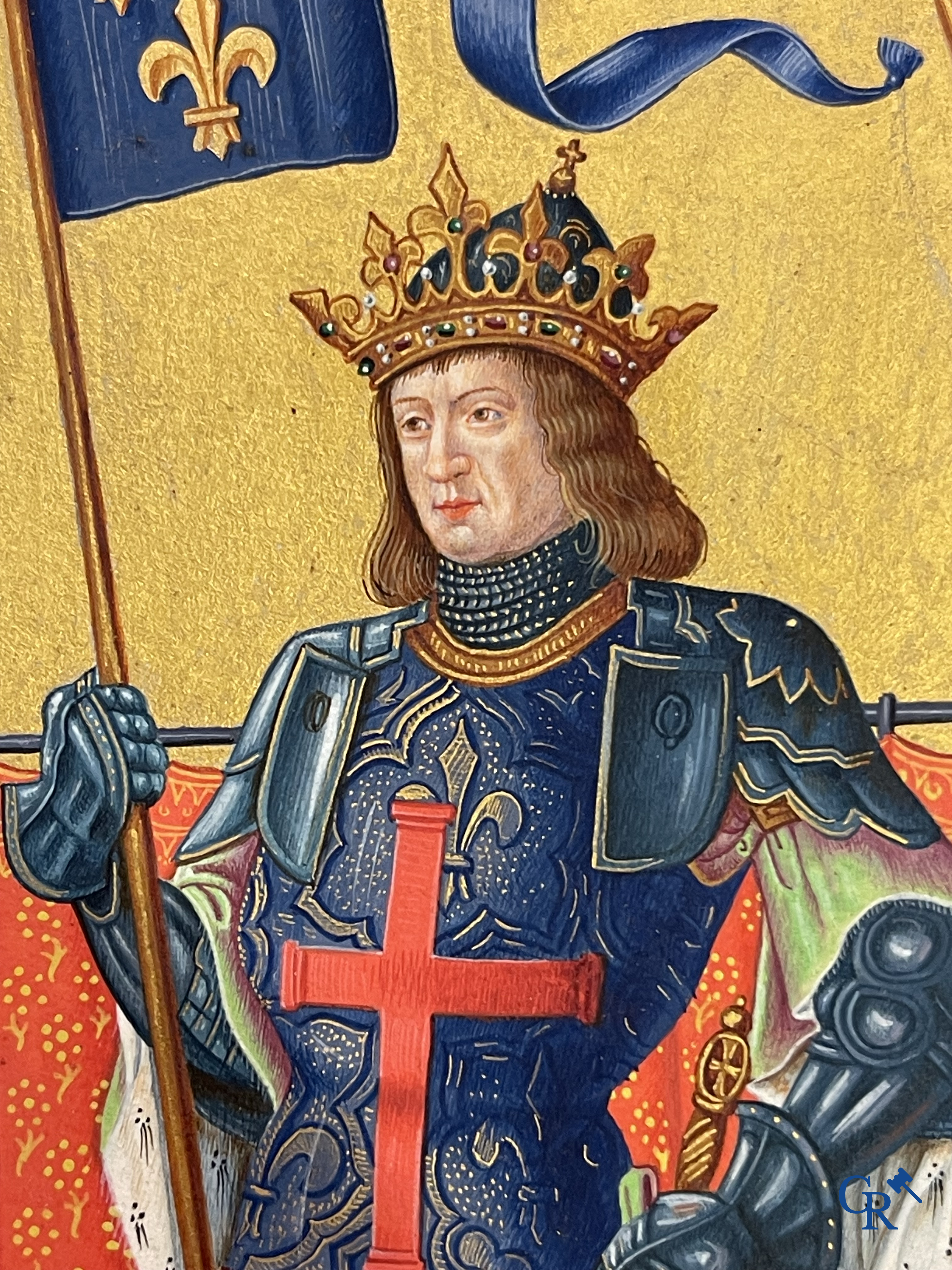 Uitzonderlijk miniatuurschilderij, Madonna en kind met de engelen. In de stijl van de Vlaamse Primitieven. 19e eeuw.