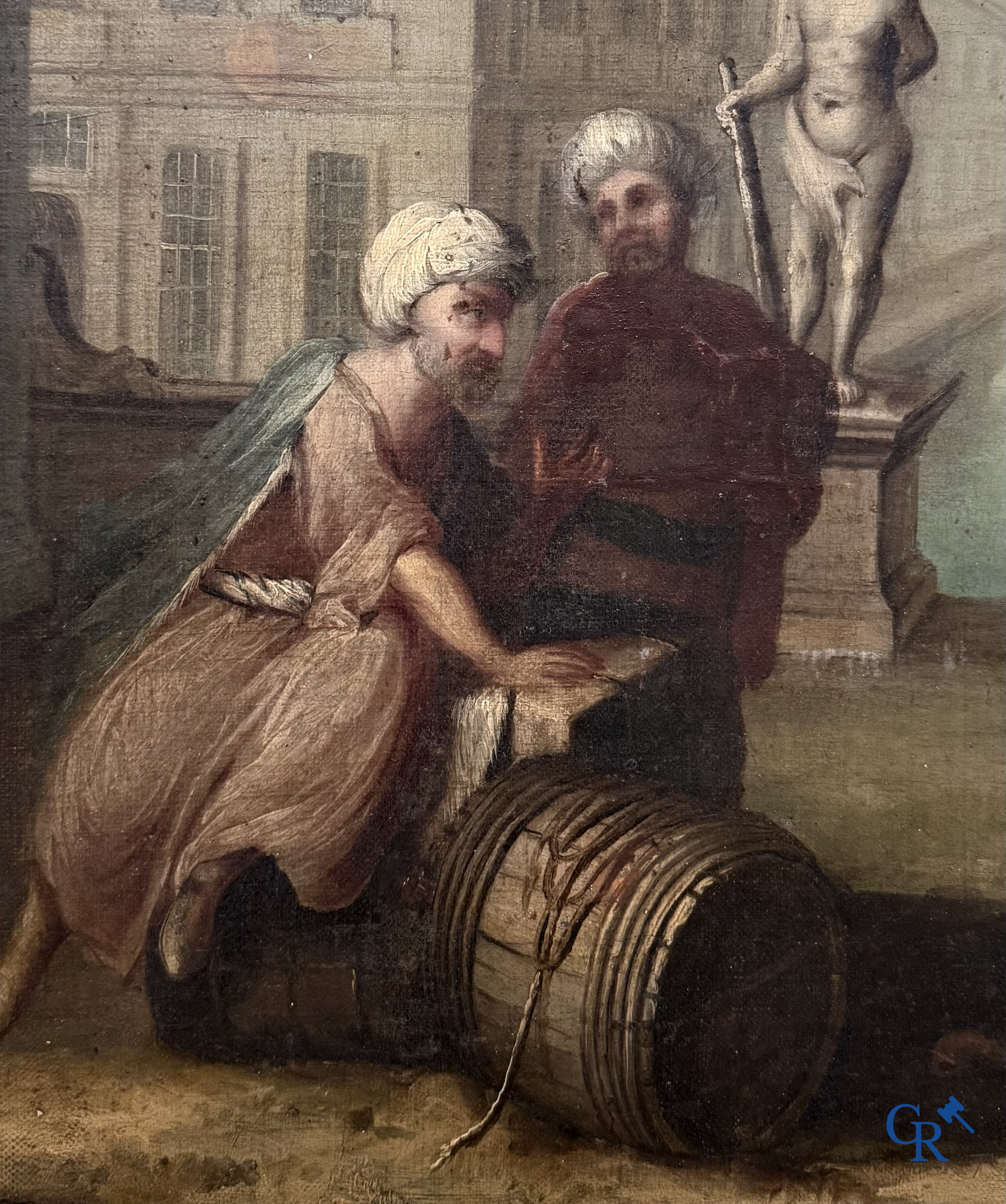 Schilderij. Havenzicht met een Hollands vlaggenschip. Olie op doek, 18e eeuw.