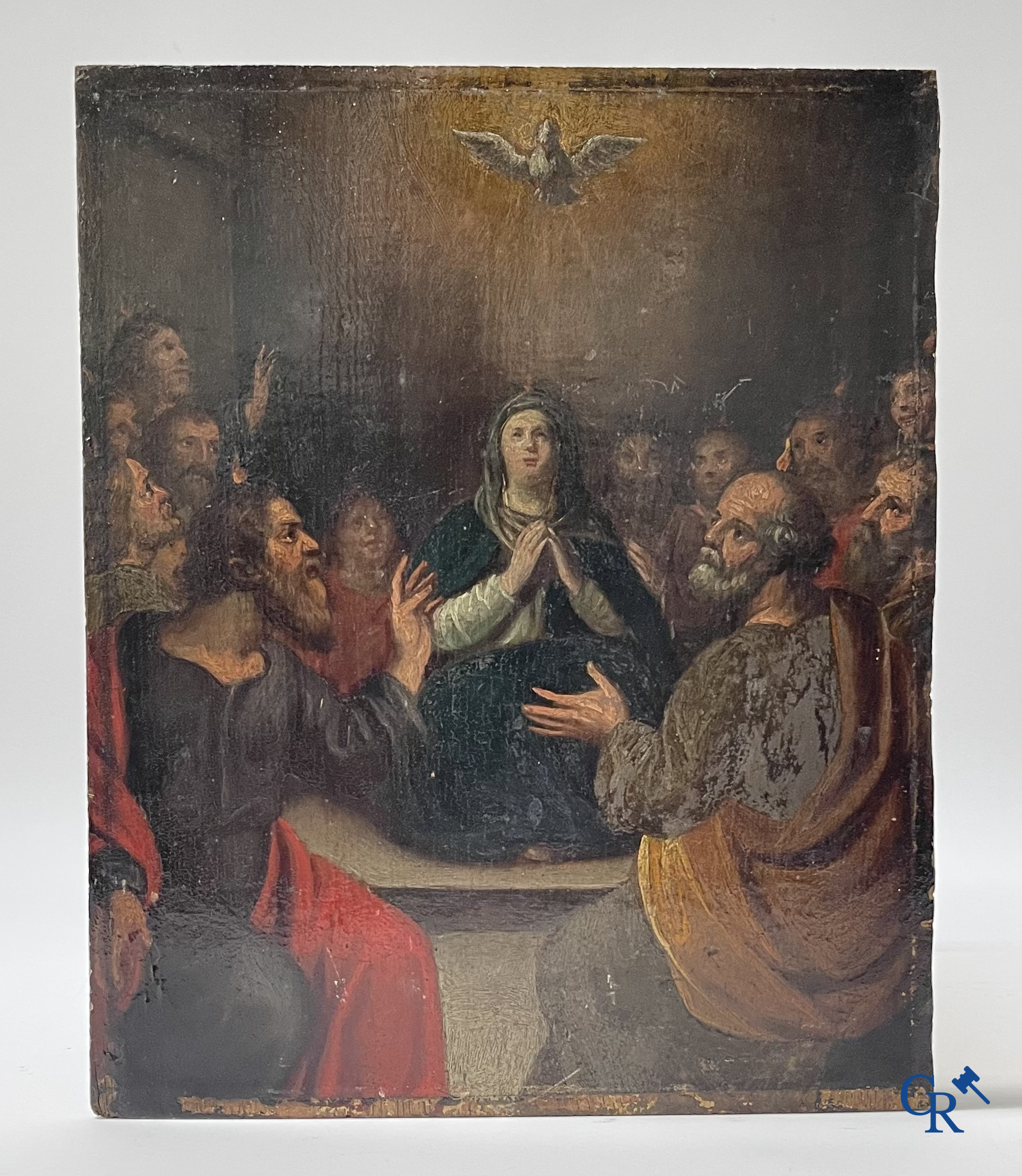 Religious Painting, The Descent of the Holy Spirit. Oil on panel. A lid bowl in silver 900°/00 added.