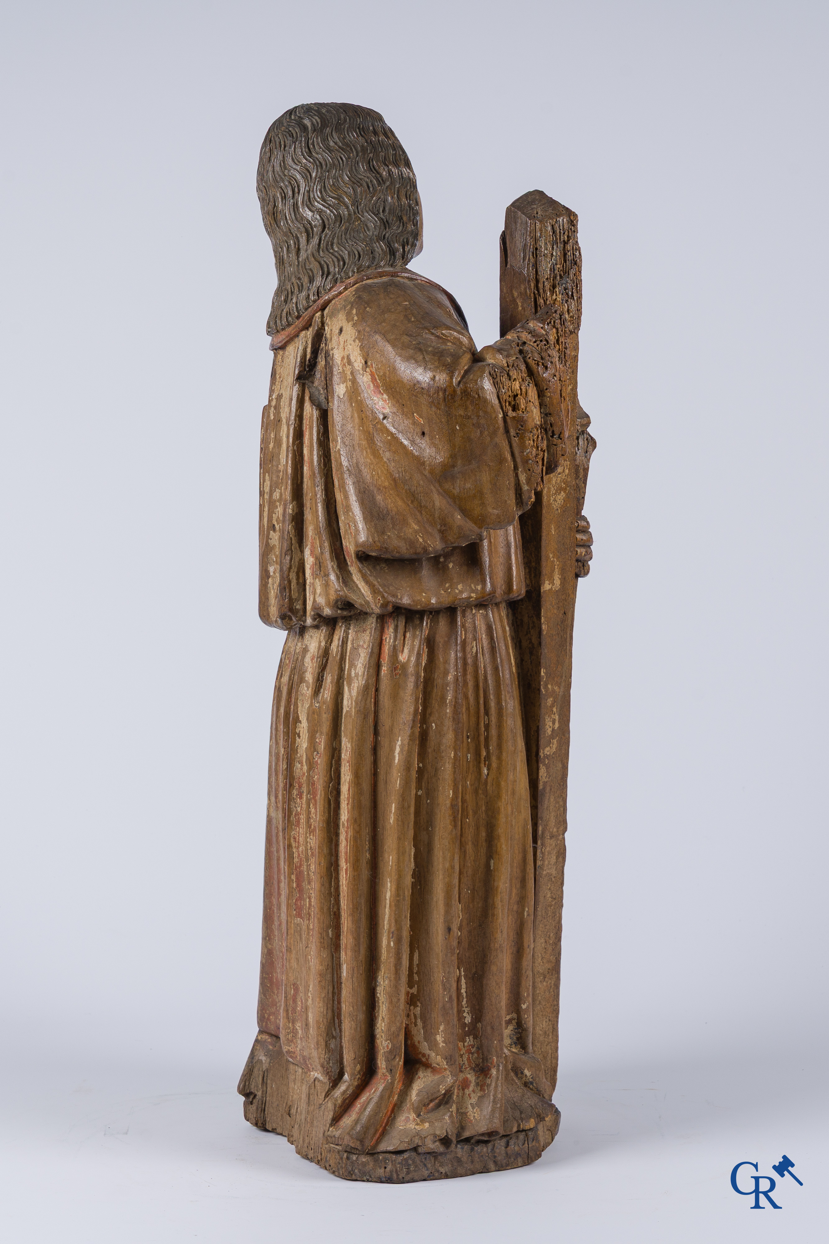 Religious objects, an antique wood carved representation of an archangel. Traces of polychromy.