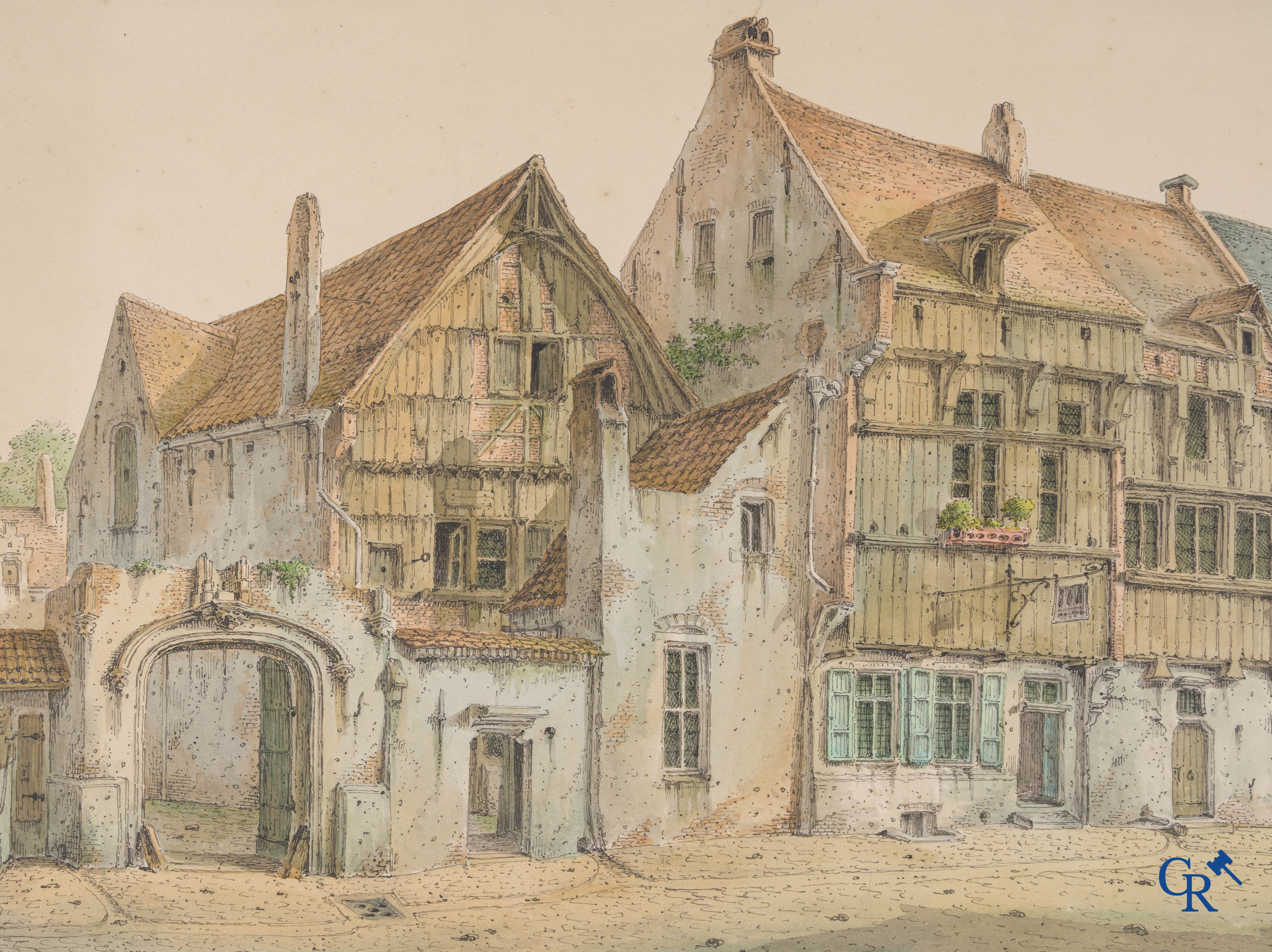 Jean-Baptiste André De Noter (1786-1855) Inkt en waterverf. Zichten van de stad Mechelen.