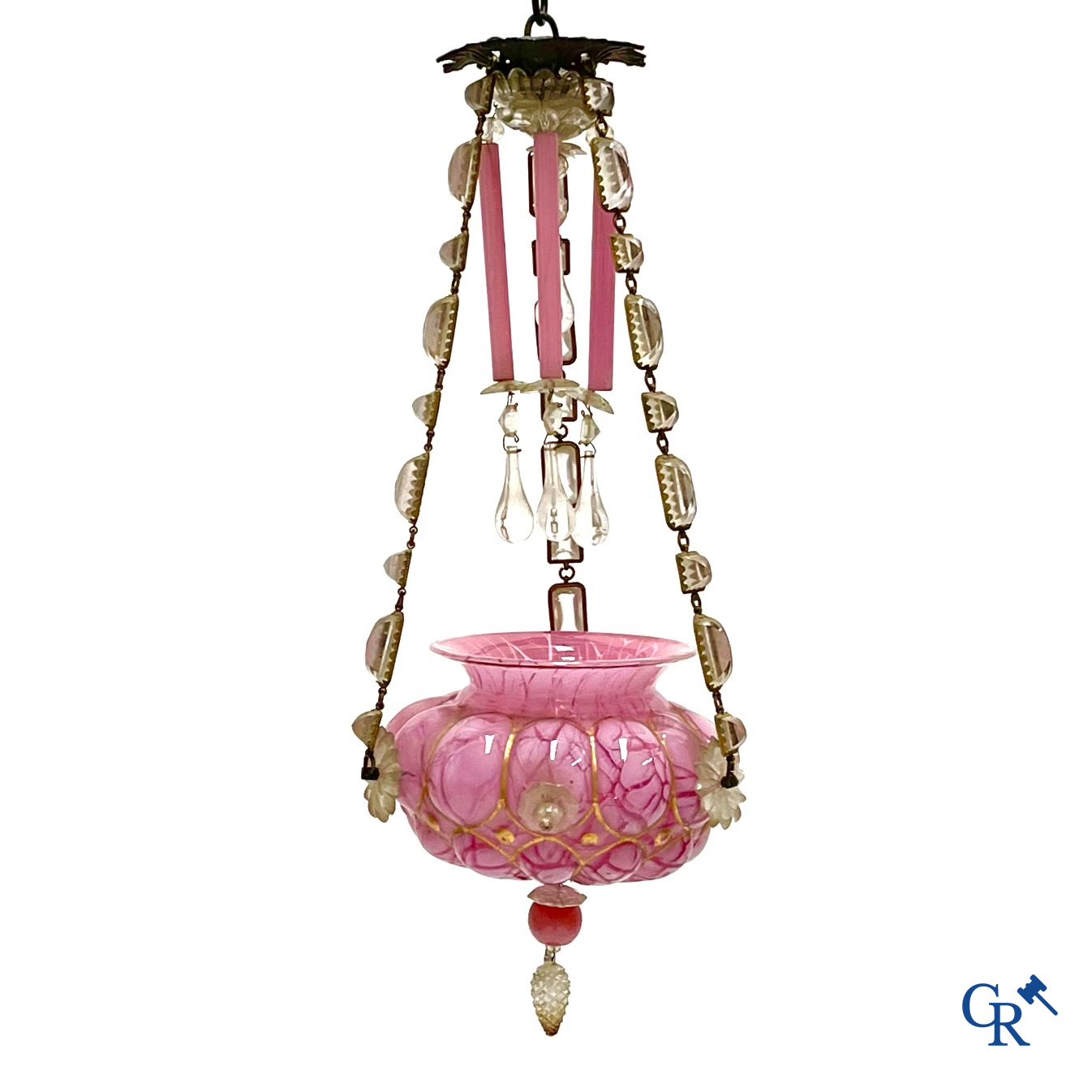 A chandelier in pink opaline and gilded frames with mounted crystal in the style of Baccarat. Circa 1860.