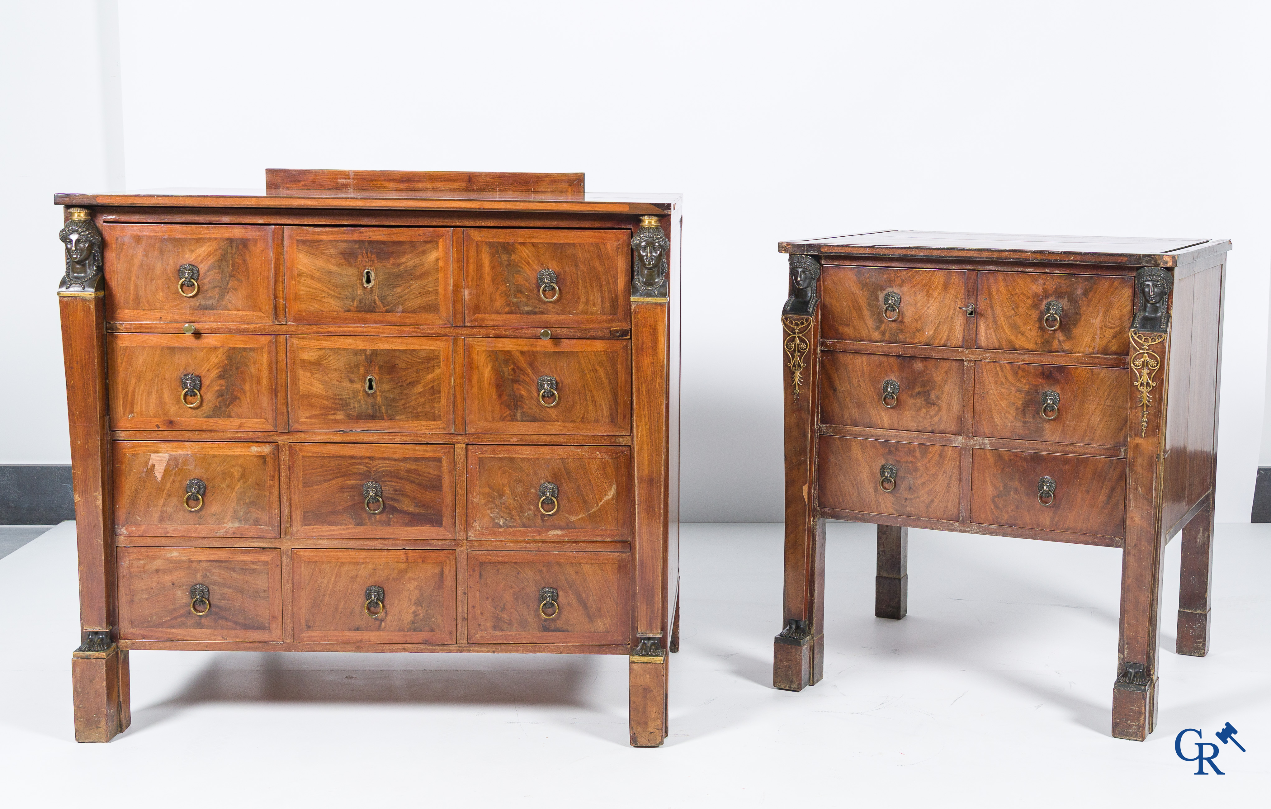 Chapuis, a mahogany wooden men's dressing table and ladies' dressing table with chiseled bronzes. Empire, circa 1810.