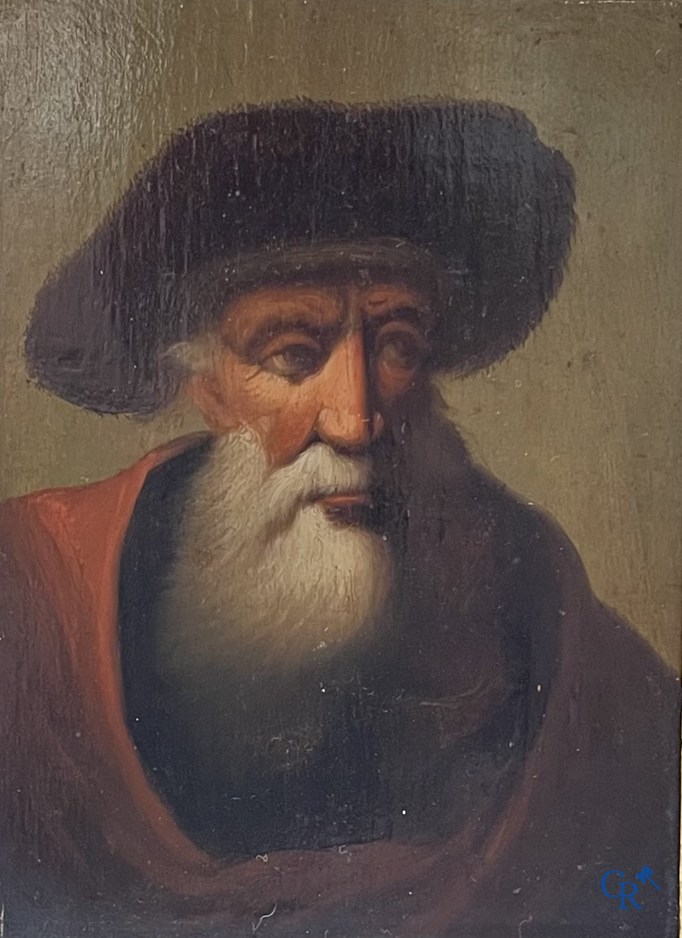 A pair of portrait paintings after Rembrandt Van Rijn, oil on panel, 2 portrait pen drawings attached. 19th century.