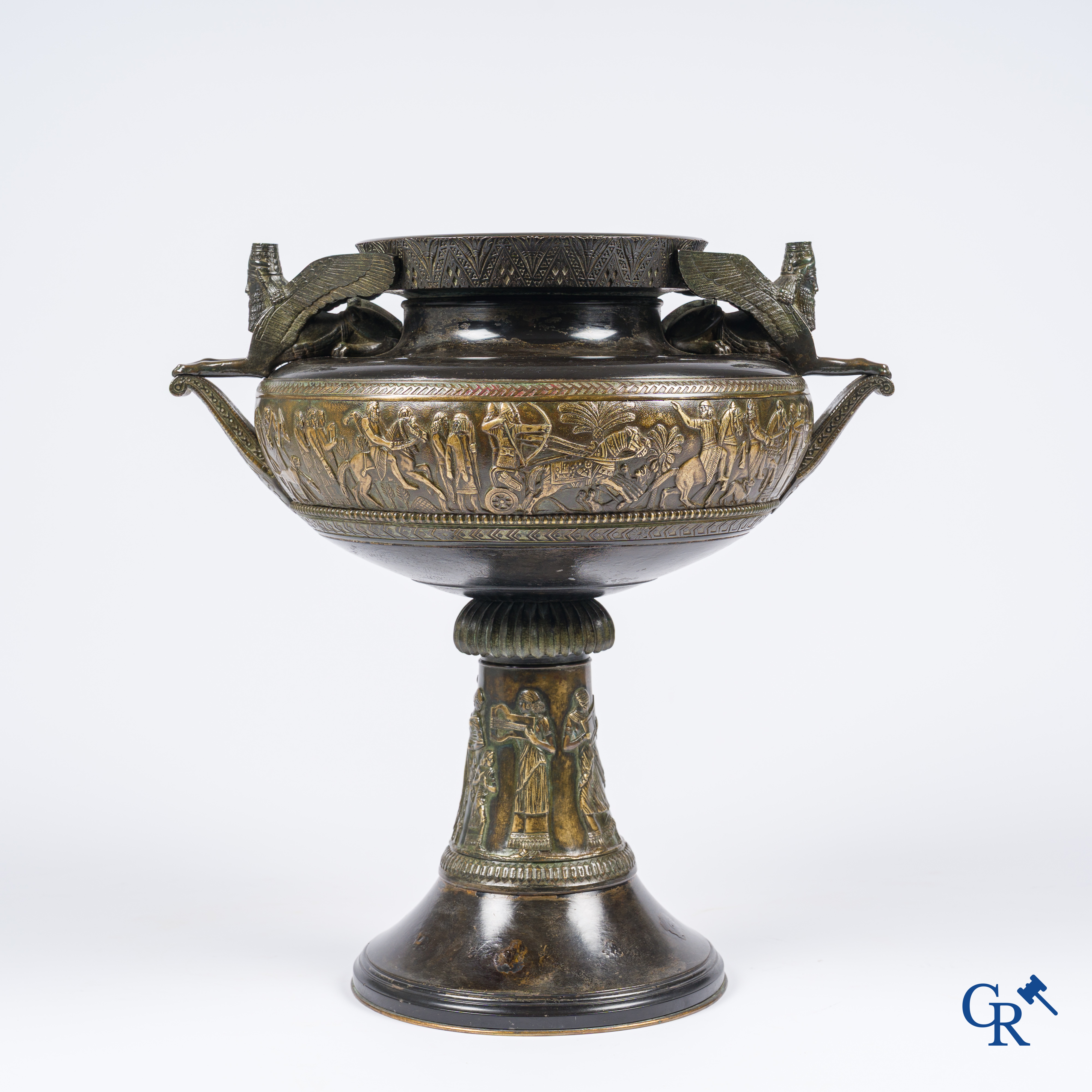 Charles Stanislas Matifat (1820-1875) Bronze Kylix-shaped vase with Lamassu handles. France circa 1860.