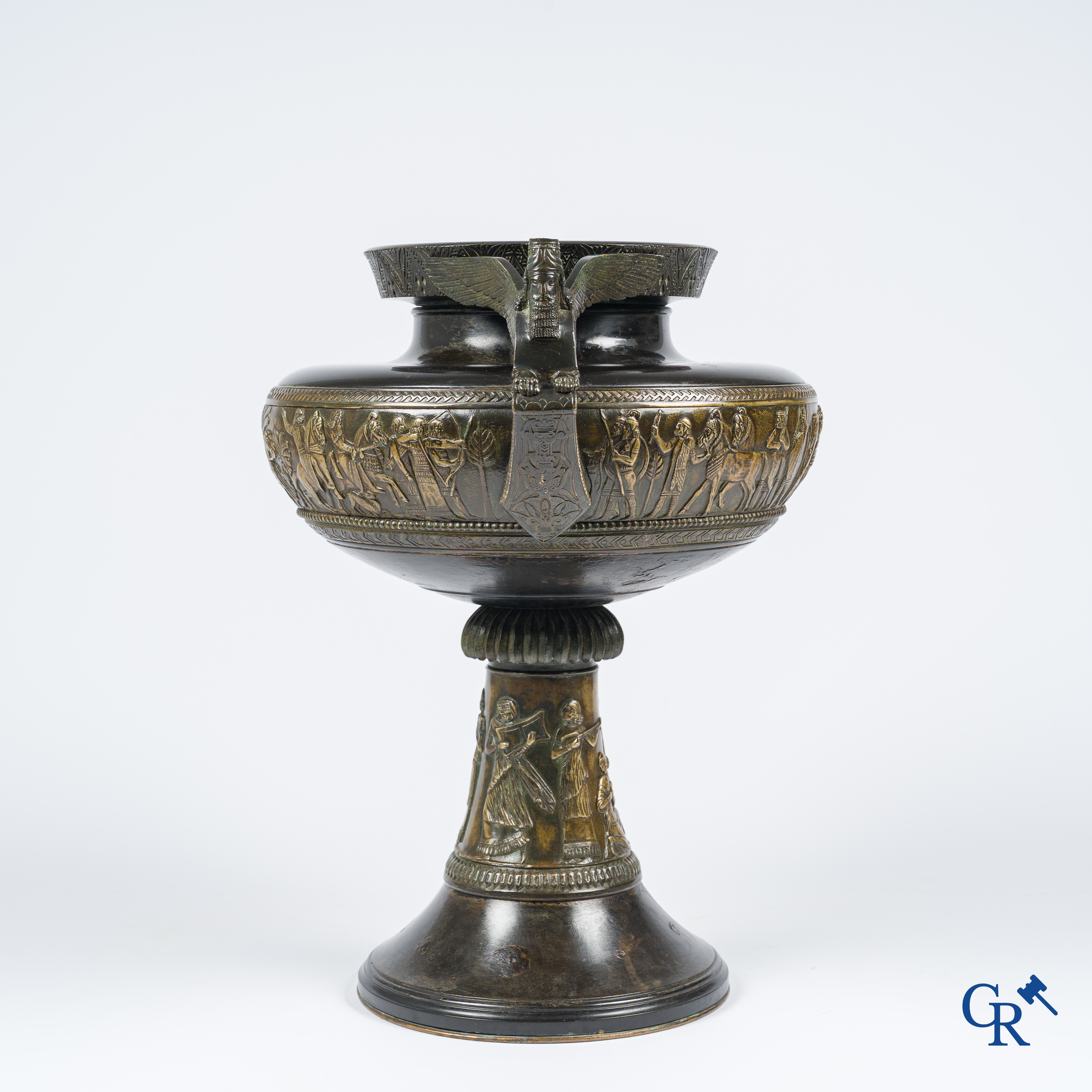 Charles Stanislas Matifat (1820-1875) Bronze Kylix-shaped vase with Lamassu handles. France circa 1860.