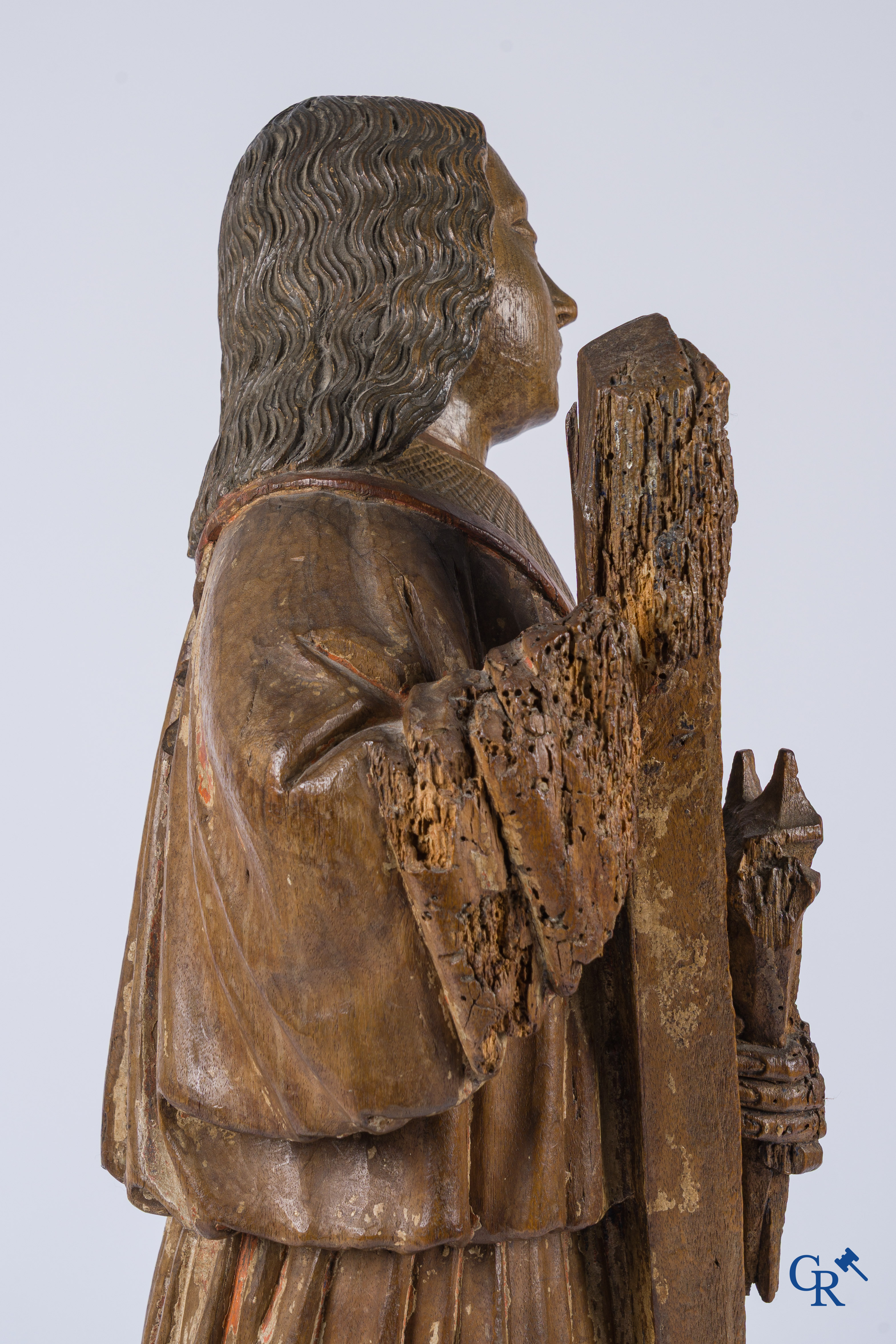 Religious objects, an antique wood carved representation of an archangel. Traces of polychromy.