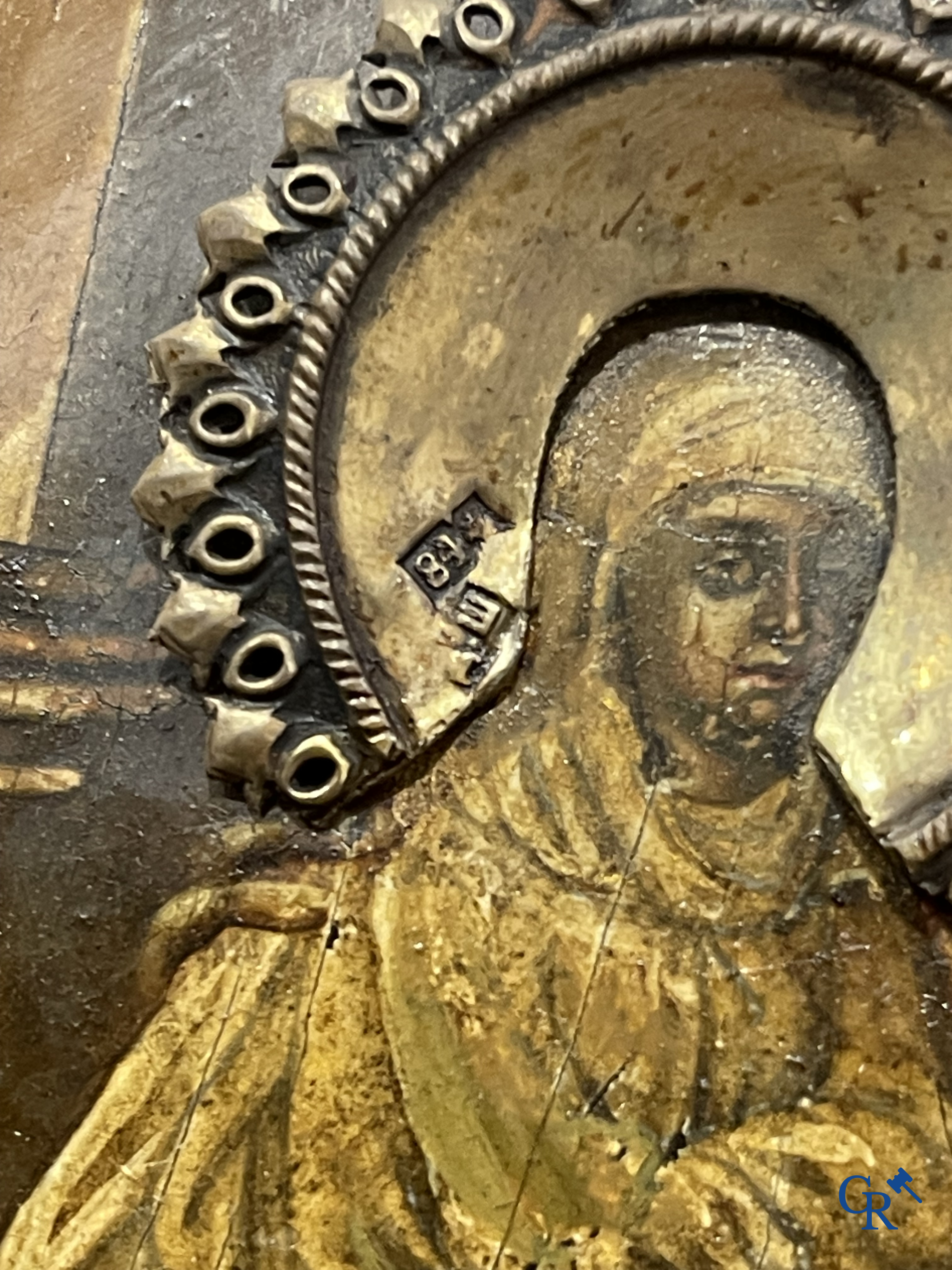 Russian work. The birth of Jesus. Important Russian icon with silver oklad. Silver grade 84 and dated 1883.