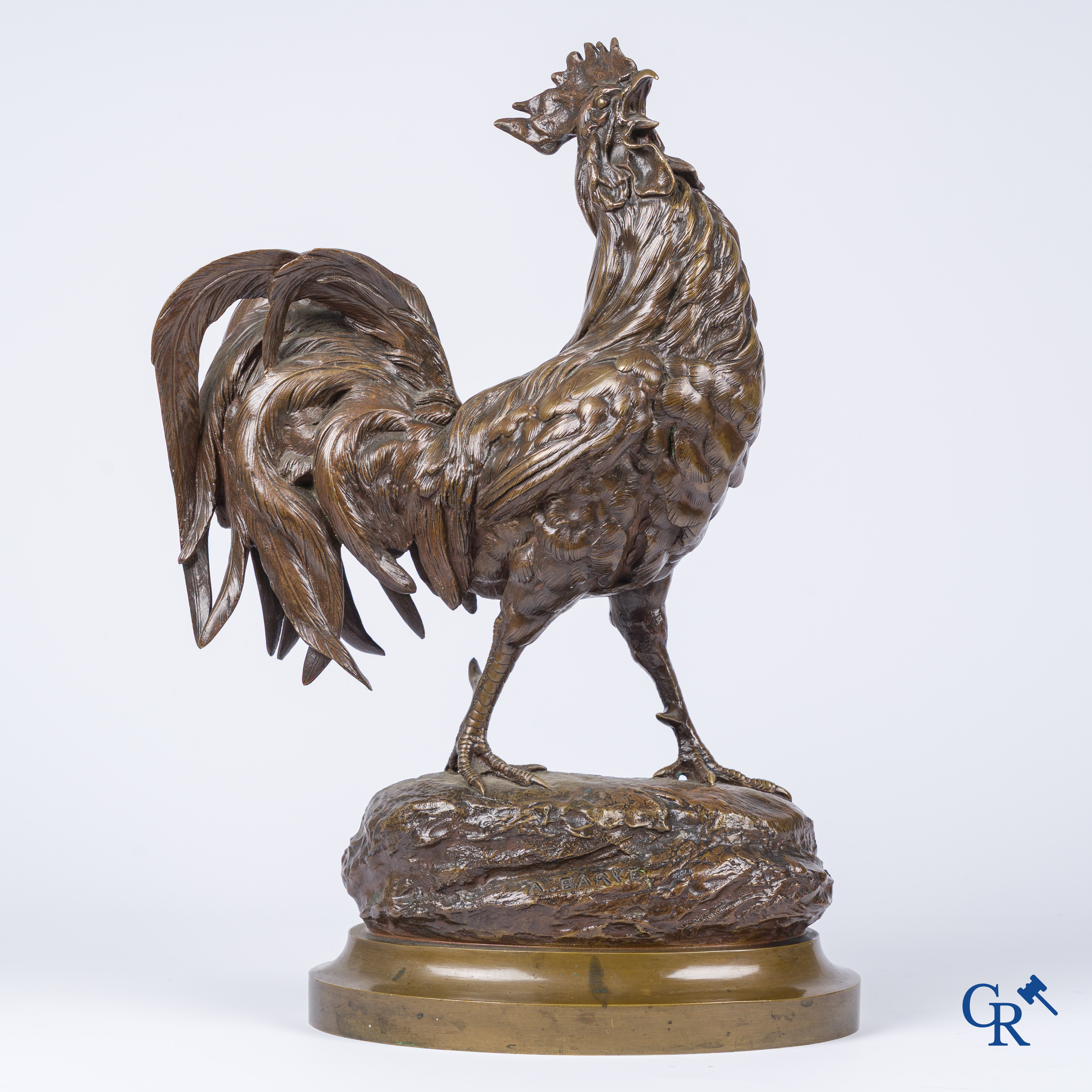 A Barye. Bronzen haan met bruine patine. Gesigneerd. 19e eeuw.