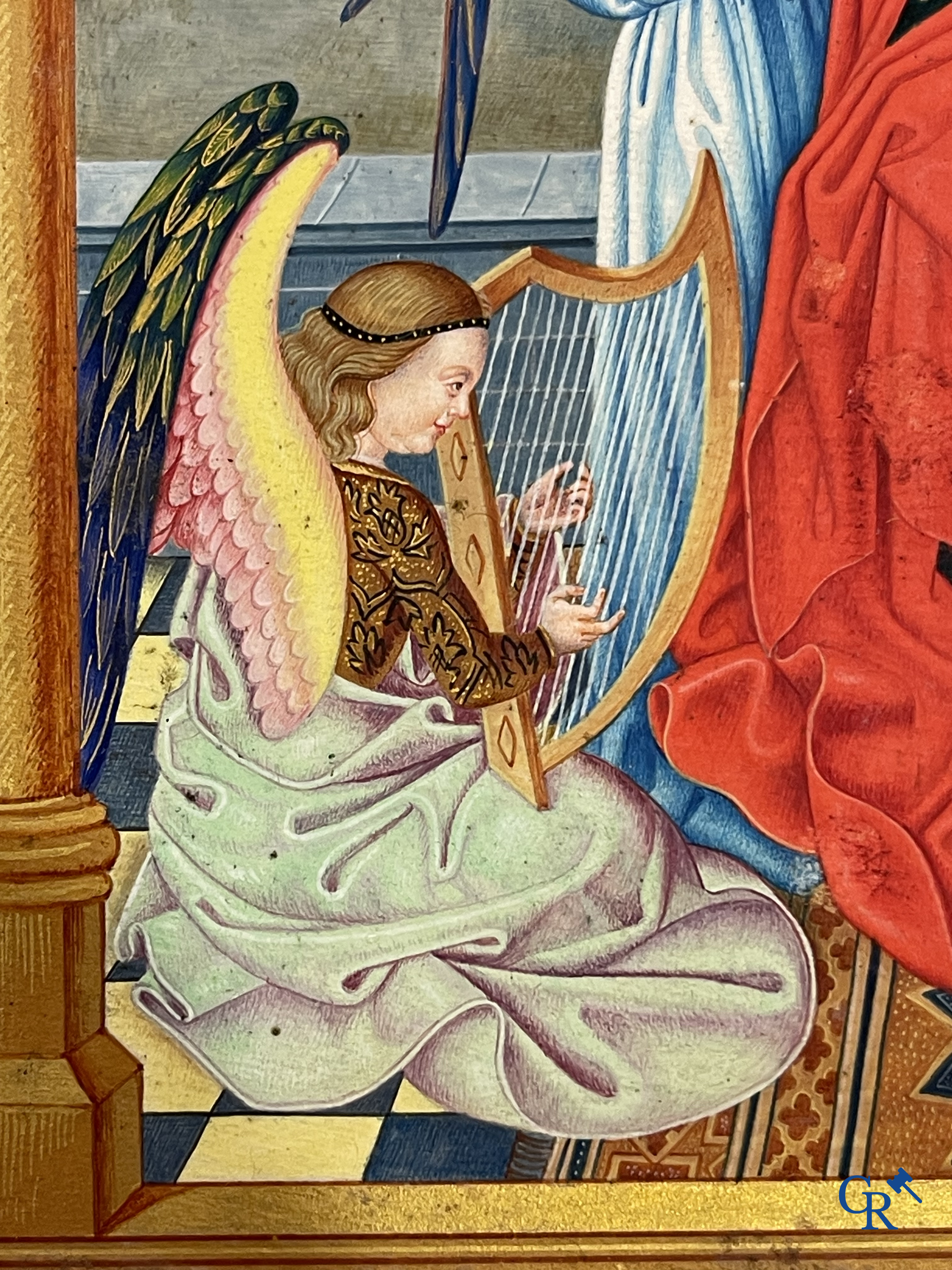 Uitzonderlijk miniatuurschilderij, Madonna en kind met de engelen. In de stijl van de Vlaamse Primitieven. 19e eeuw.