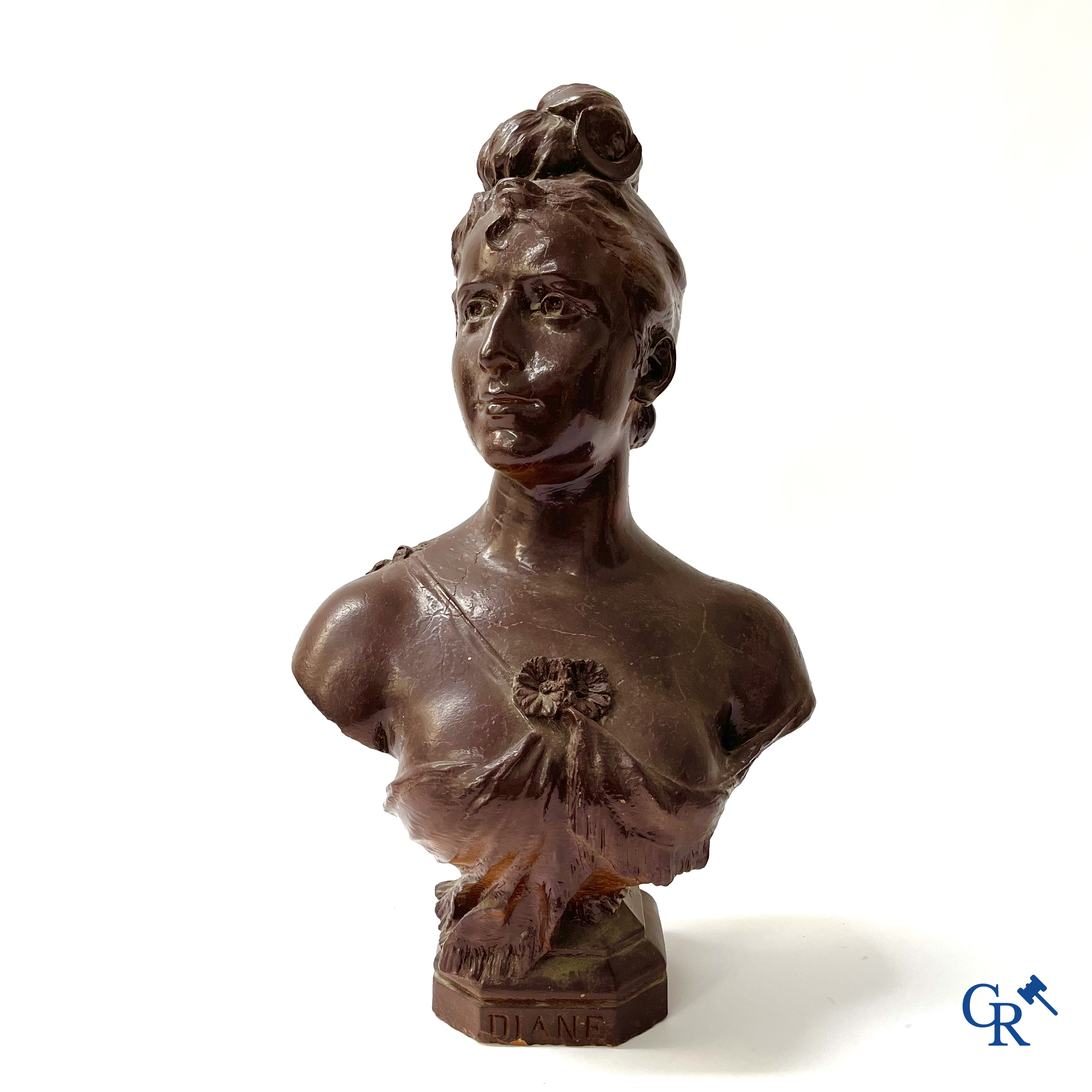 Don Van Den Bossche. Diane, bust in patinated terra cotta. Signed and dated Gand 1892.