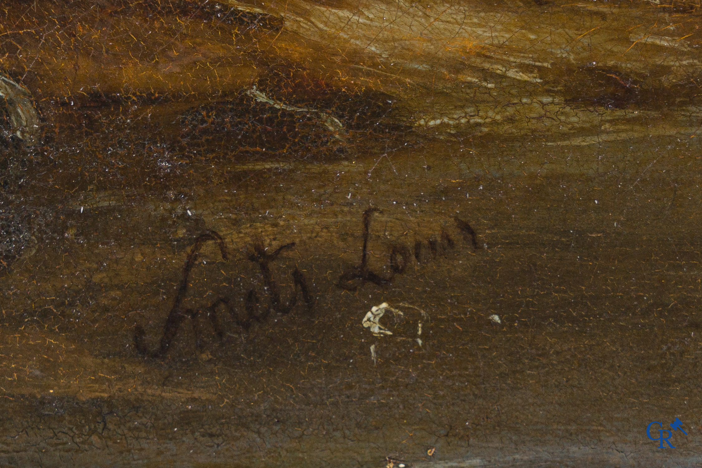 Smets Louis, (1840-1896) Winter water landscape with characters and a horse on the ice. Oil on mahogany.