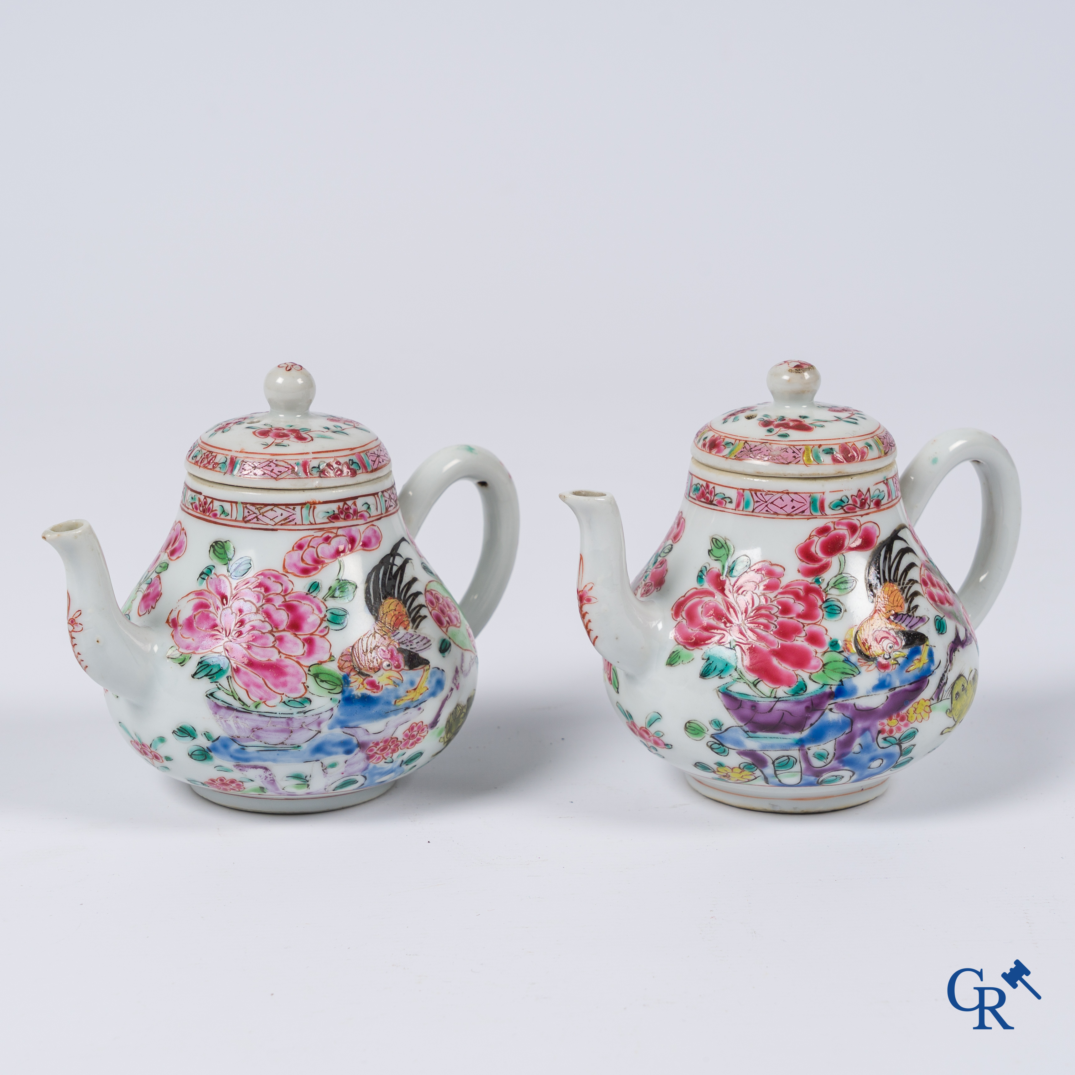 Asian Art, Chinese porcelain. 2 Chinese famille rose teapots with cockerels and cats. 18th century.
