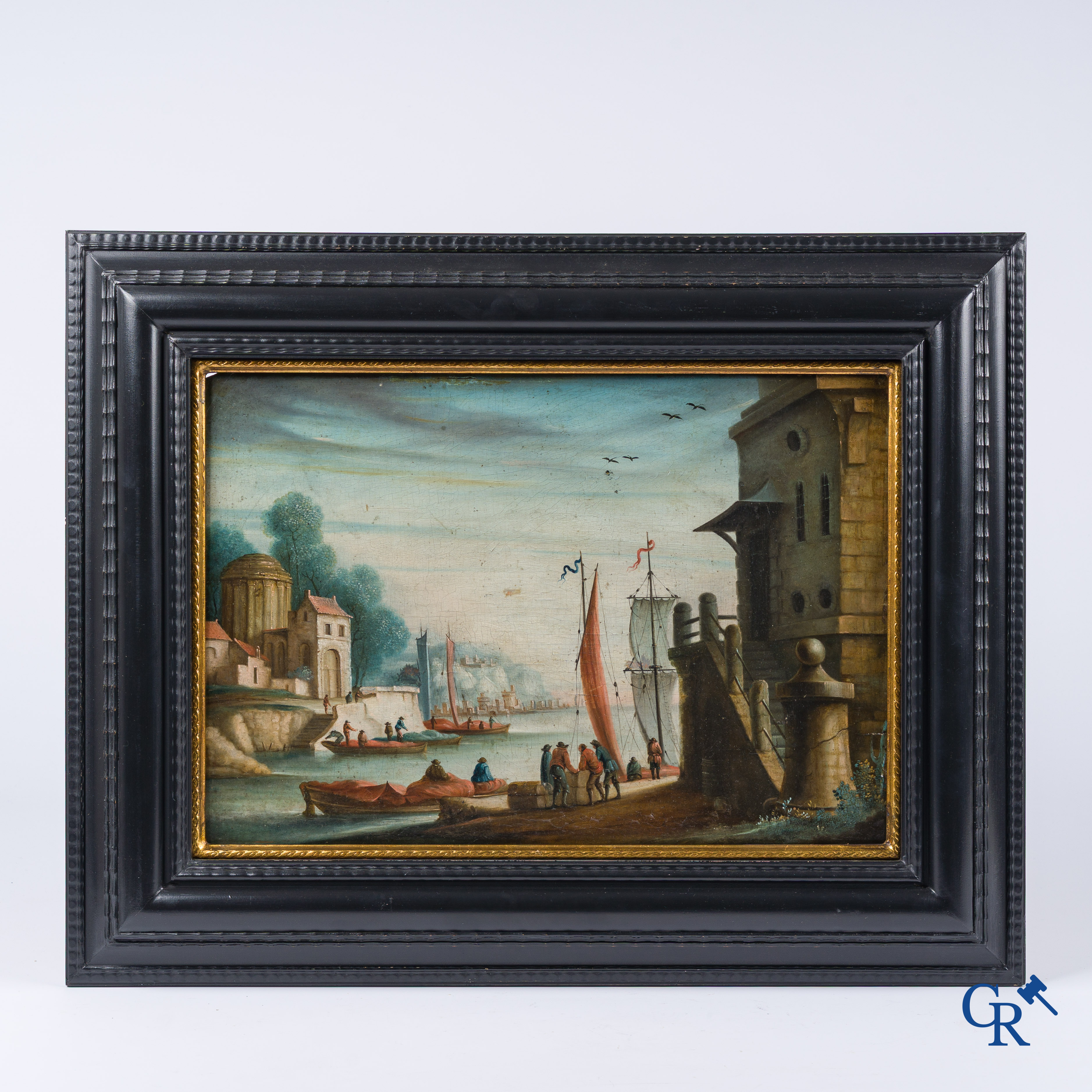 Schilderij, Havenzicht, Olie op paneel, 18e eeuw.