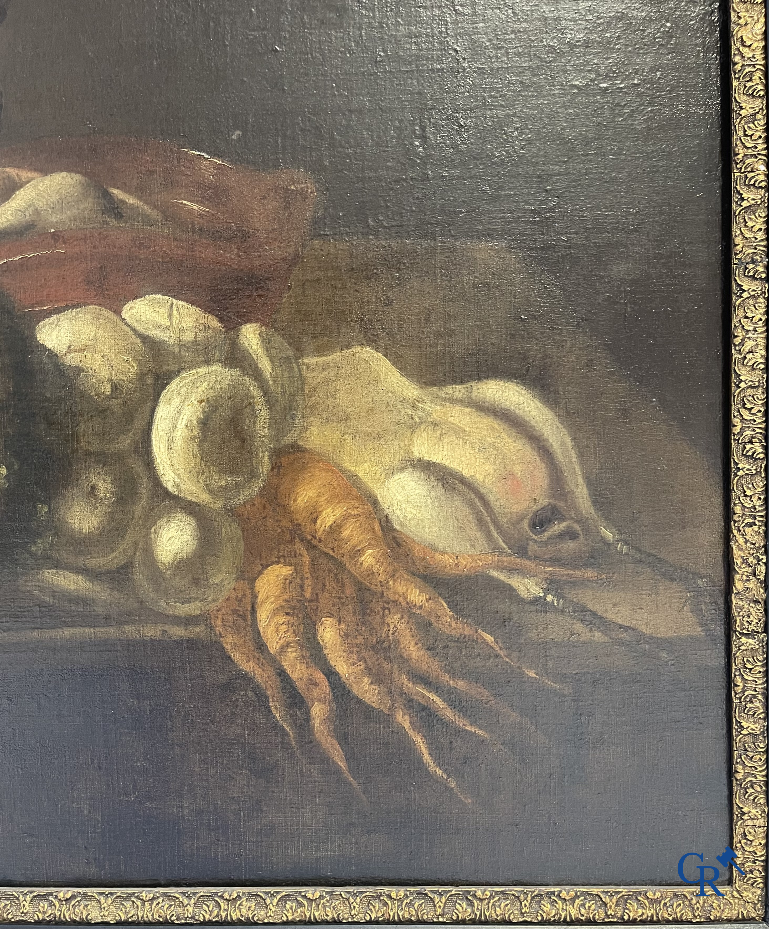 Schilderij, olie op doek. Stilleven met groenten, vlees en gevogelte. 18e eeuw.