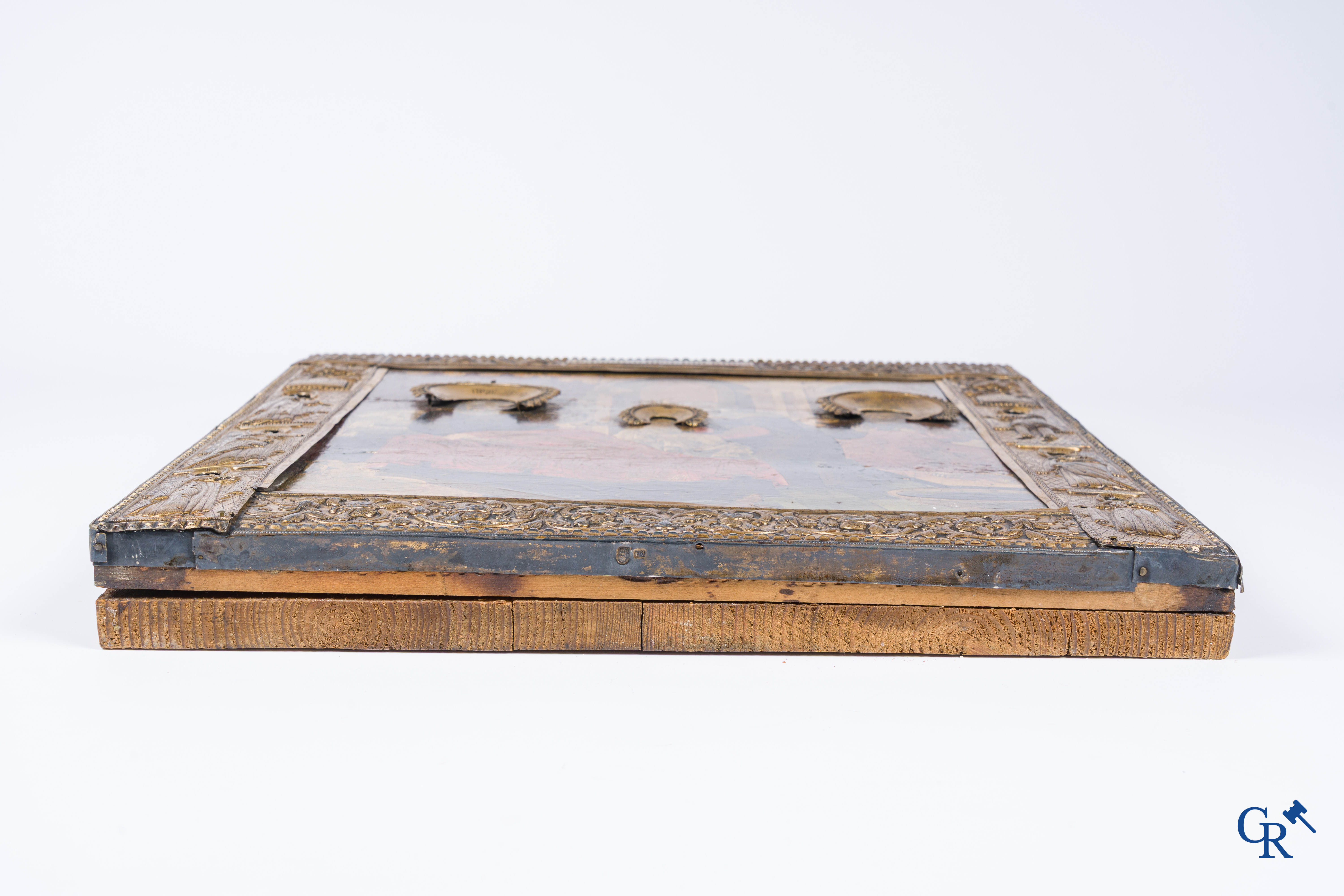 Russian work. The birth of Jesus. Important Russian icon with silver oklad. Silver grade 84 and dated 1883.