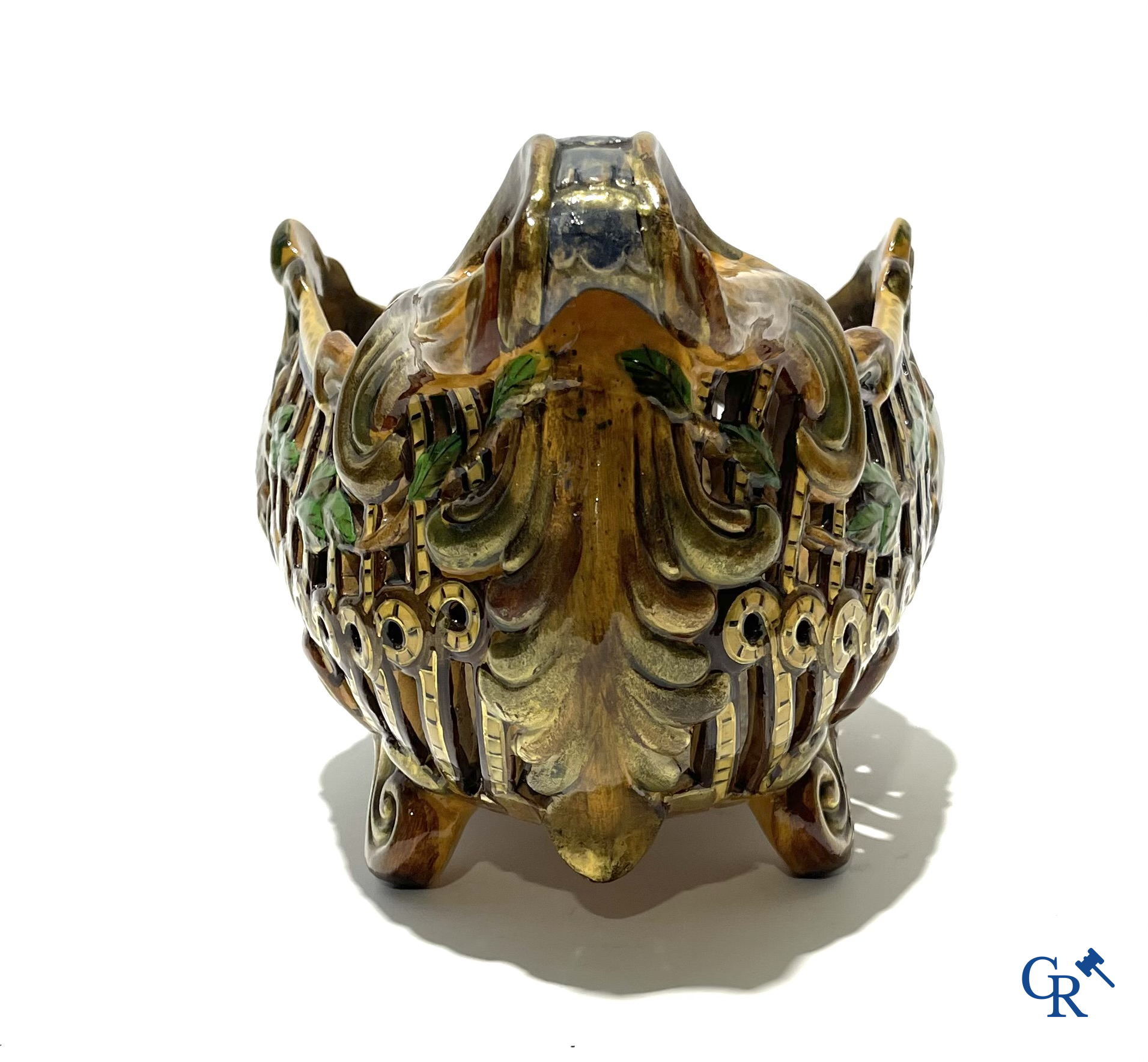 Emile Gallé Nancy, large table centrepiece in enamelled faience. Signed Gallé Nancy deposé.