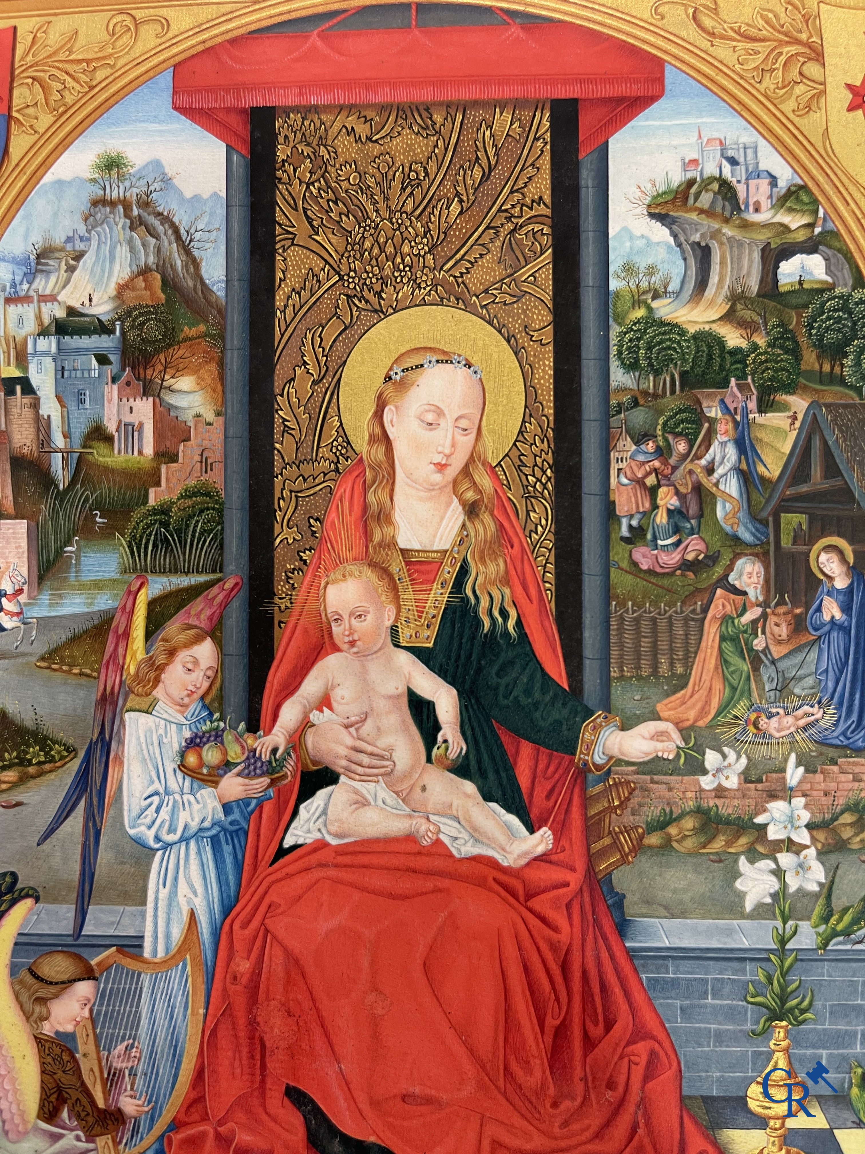 Uitzonderlijk miniatuurschilderij, Madonna en kind met de engelen. In de stijl van de Vlaamse Primitieven. 19e eeuw.