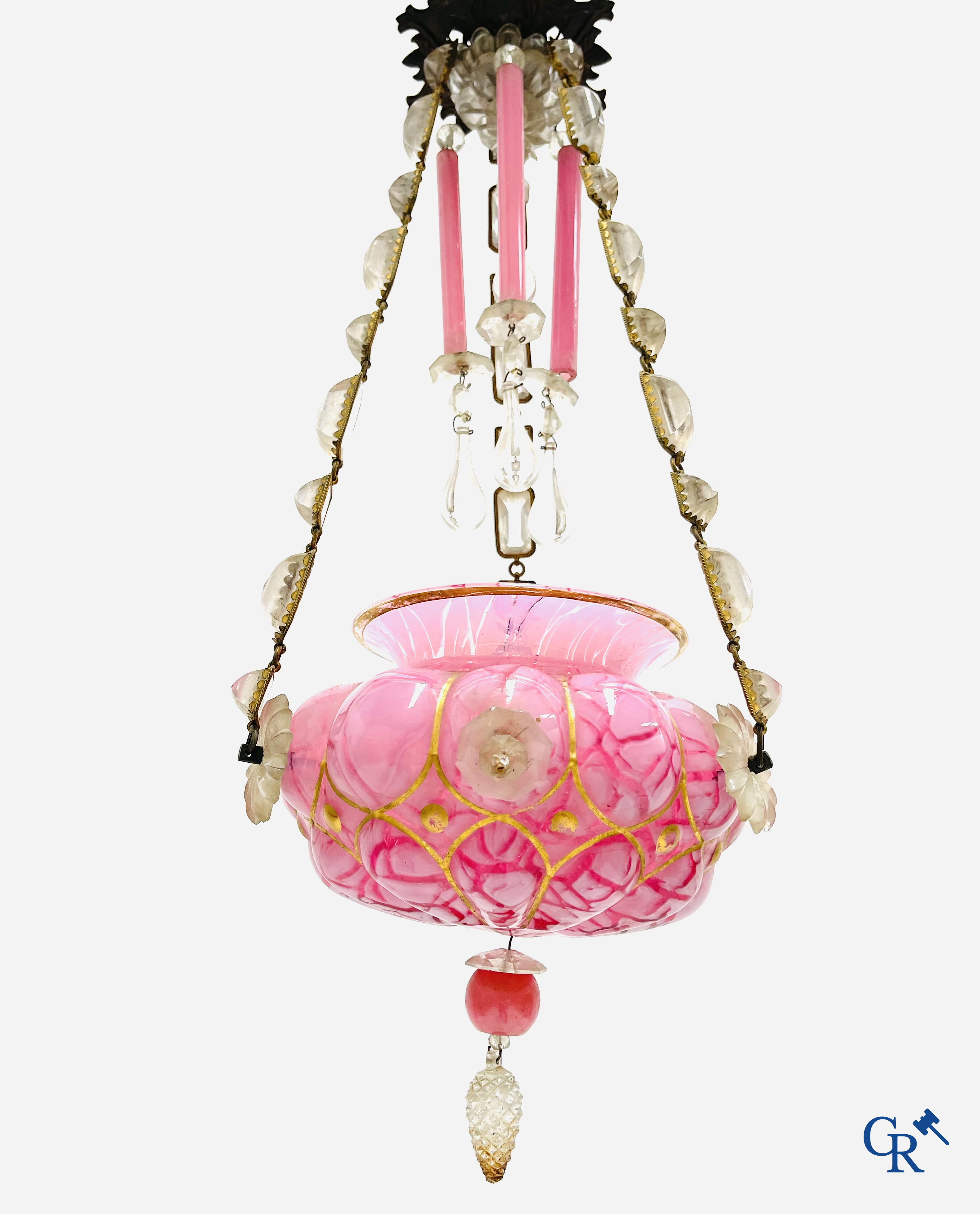 A chandelier in pink opaline and gilded frames with mounted crystal in the style of Baccarat. Circa 1860.