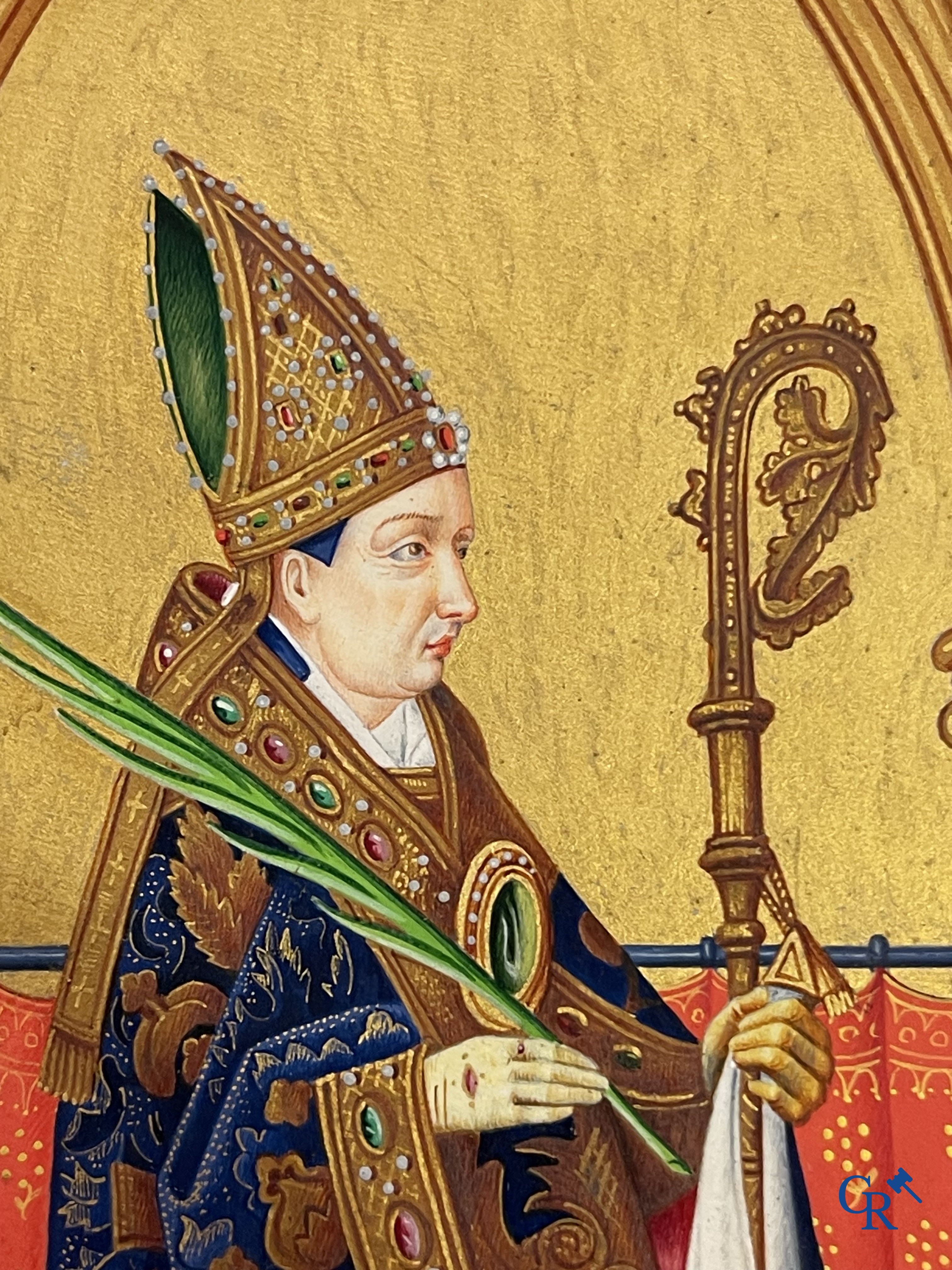 Uitzonderlijk miniatuurschilderij, Madonna en kind met de engelen. In de stijl van de Vlaamse Primitieven. 19e eeuw.