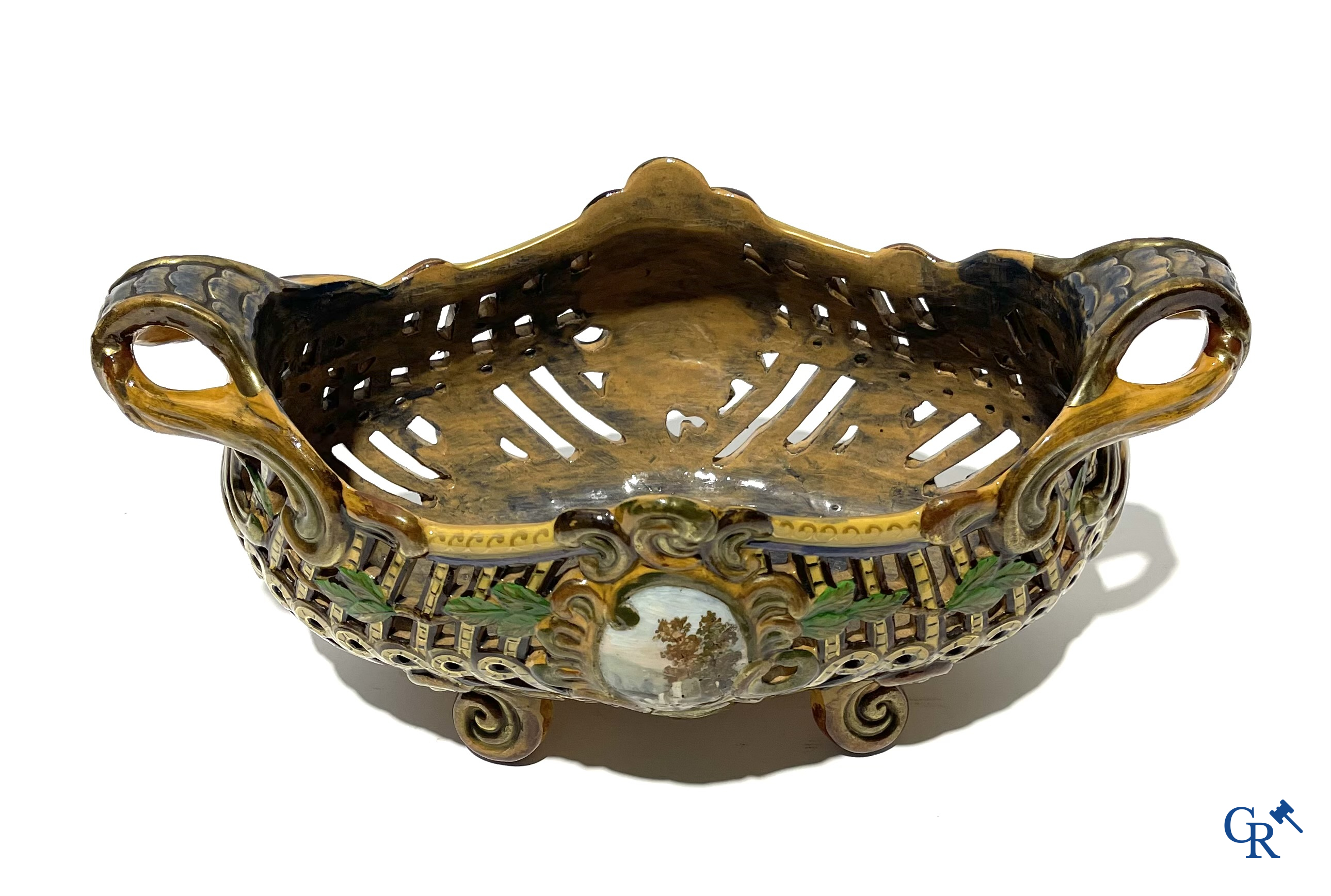 Emile Gallé Nancy, large table centrepiece in enamelled faience. Signed Gallé Nancy deposé.