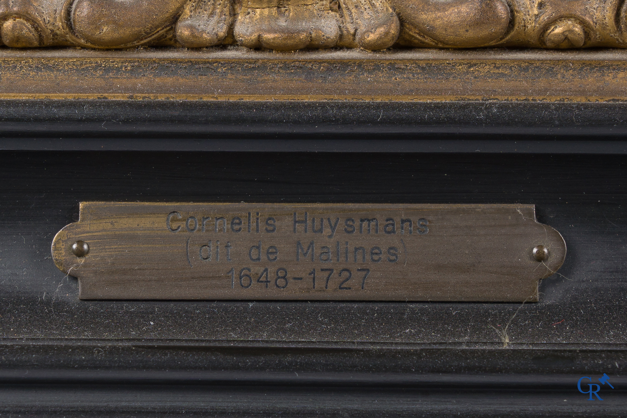 Cornelius Huysmans, Van Mechelen (1648-1727) Vlaamse school, Boszicht met personages en dieren. Met oud expositielabel.