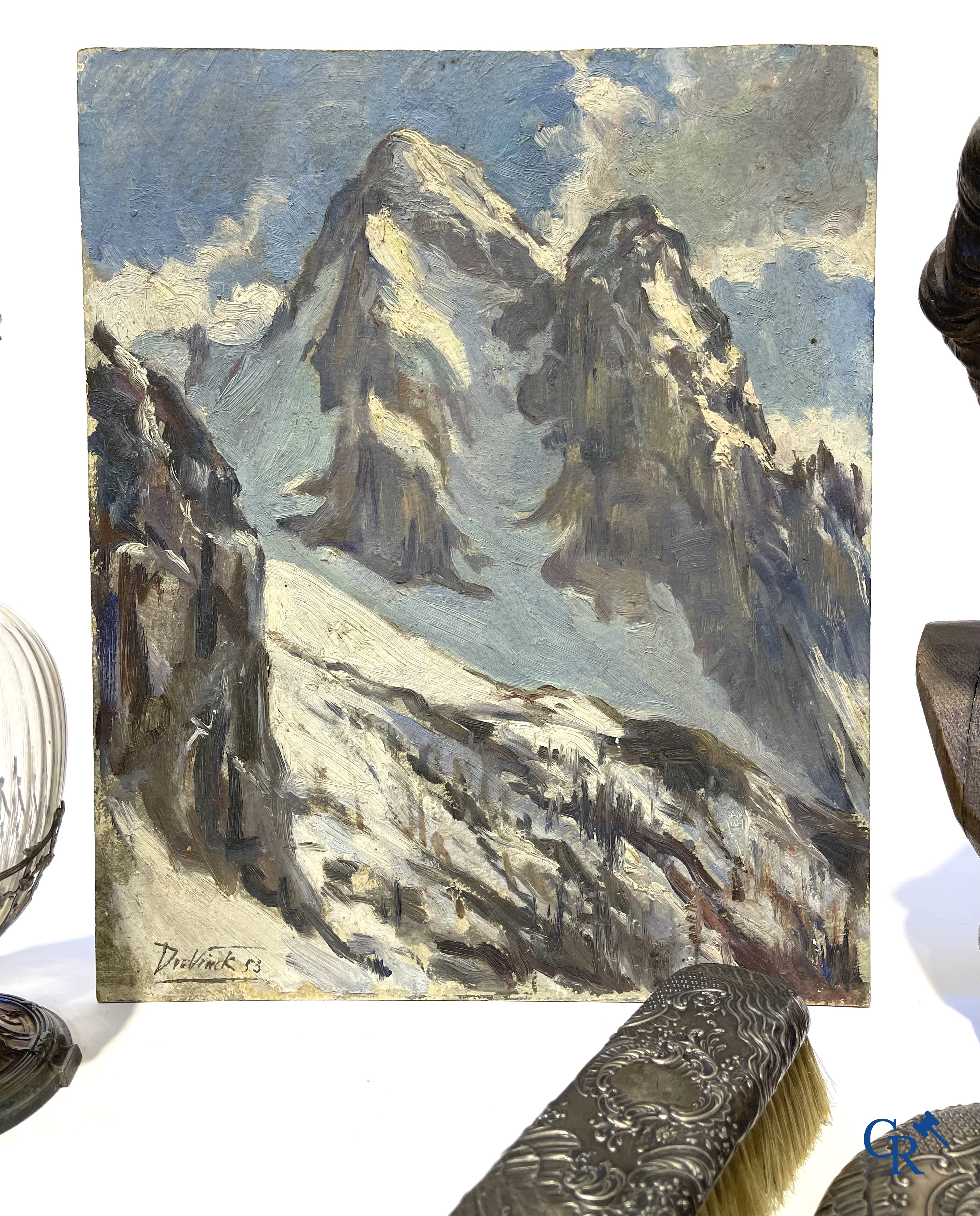 A nice lot of brocante, carafe with silver mounts, painting, wooden bust, old photo, etc.