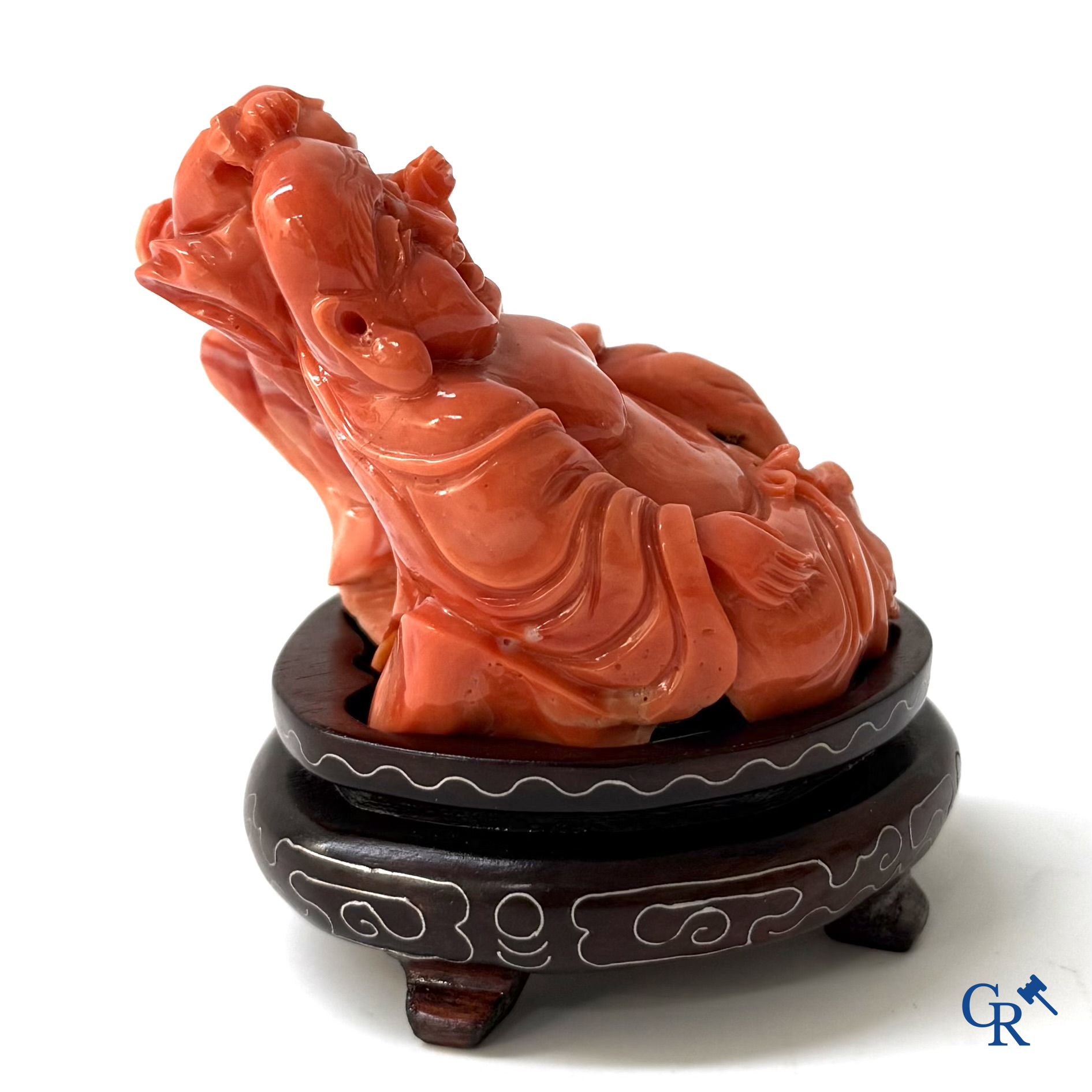 Asian Art, a Chinese carved red coral Buddha figure with child.