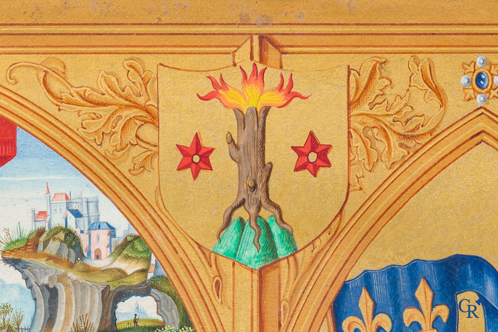 Uitzonderlijk miniatuurschilderij, Madonna en kind met de engelen. In de stijl van de Vlaamse Primitieven. 19e eeuw.