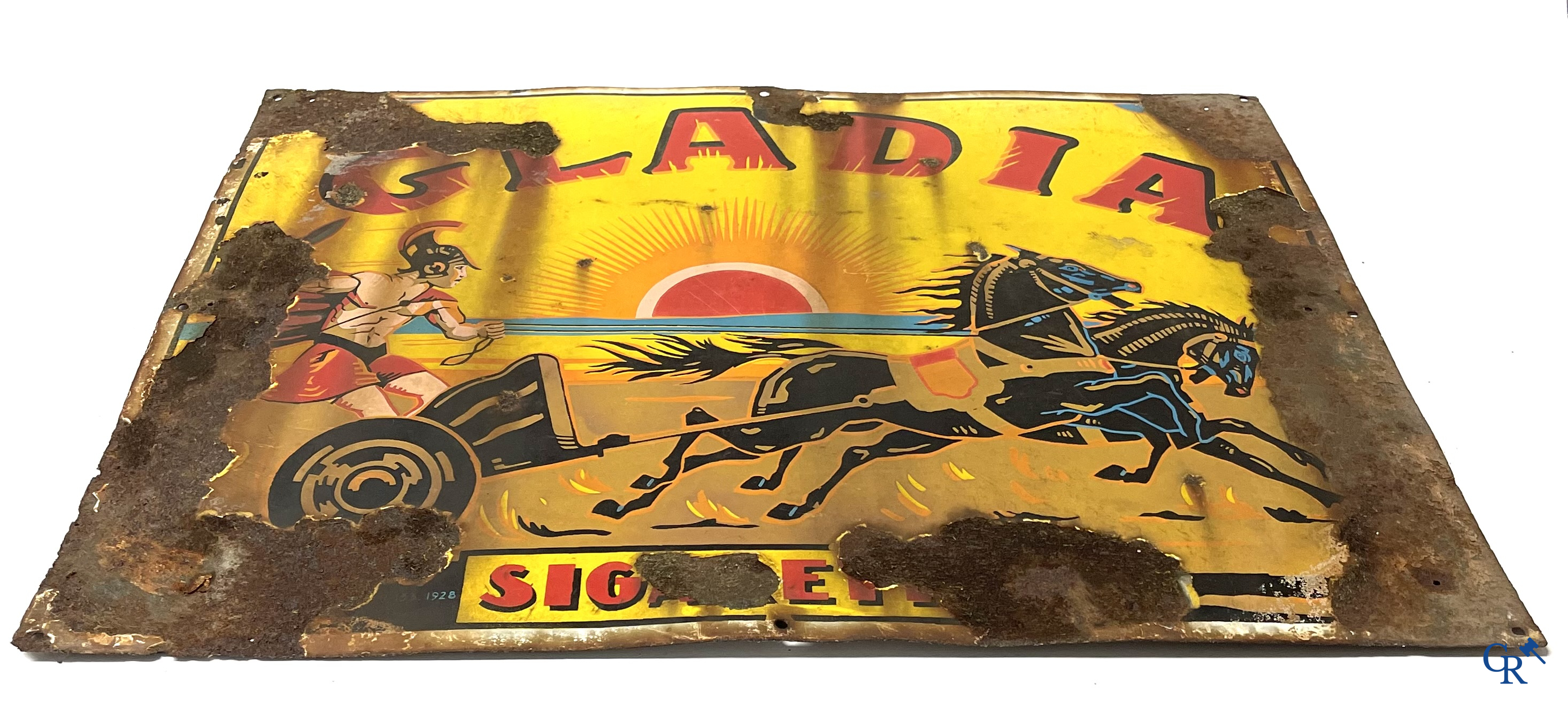 Gladia sigaretten, enamel publicity sign with a gladiator in chariot. Dated 1928.