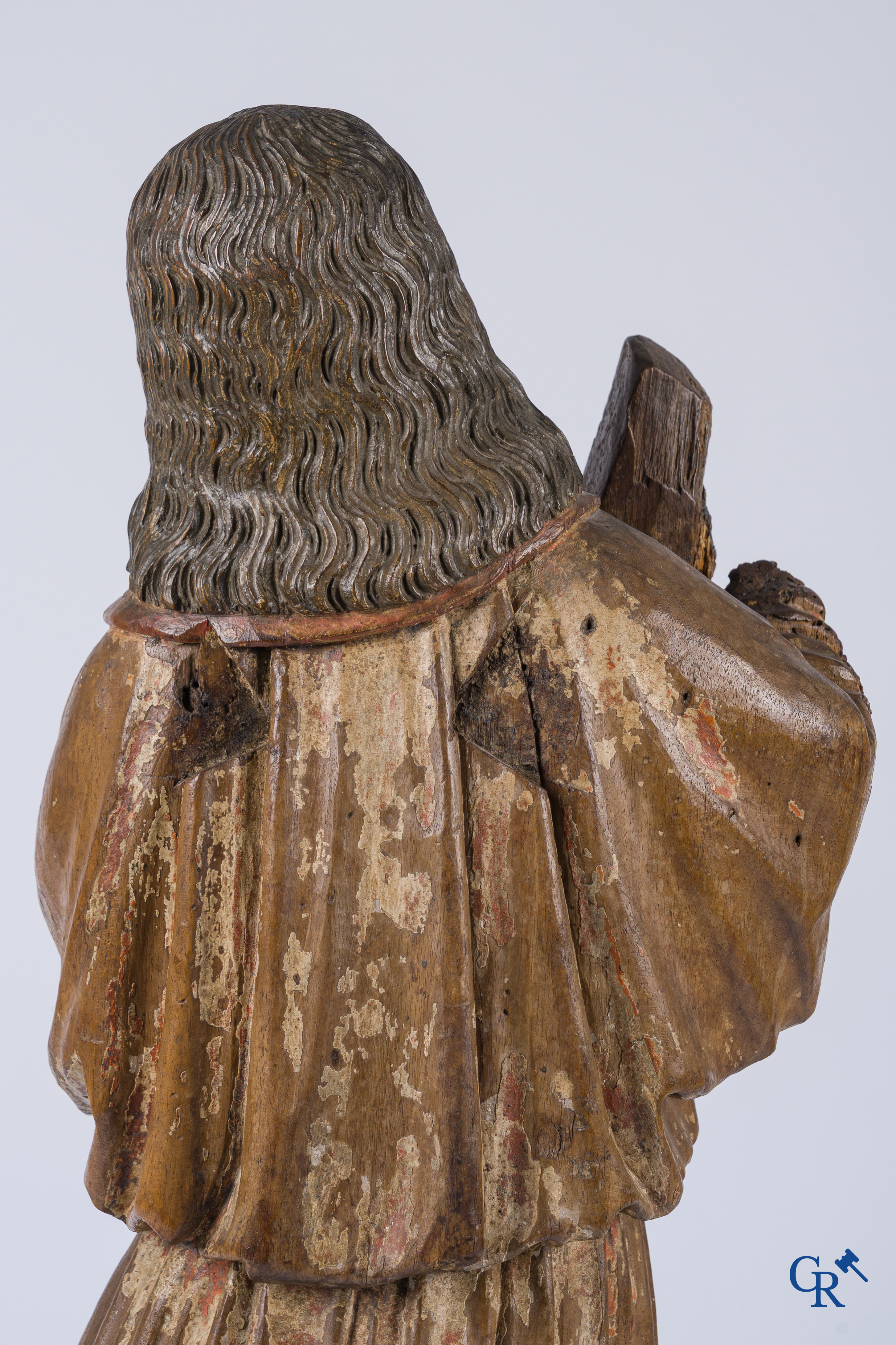 Religious objects, an antique wood carved representation of an archangel. Traces of polychromy.