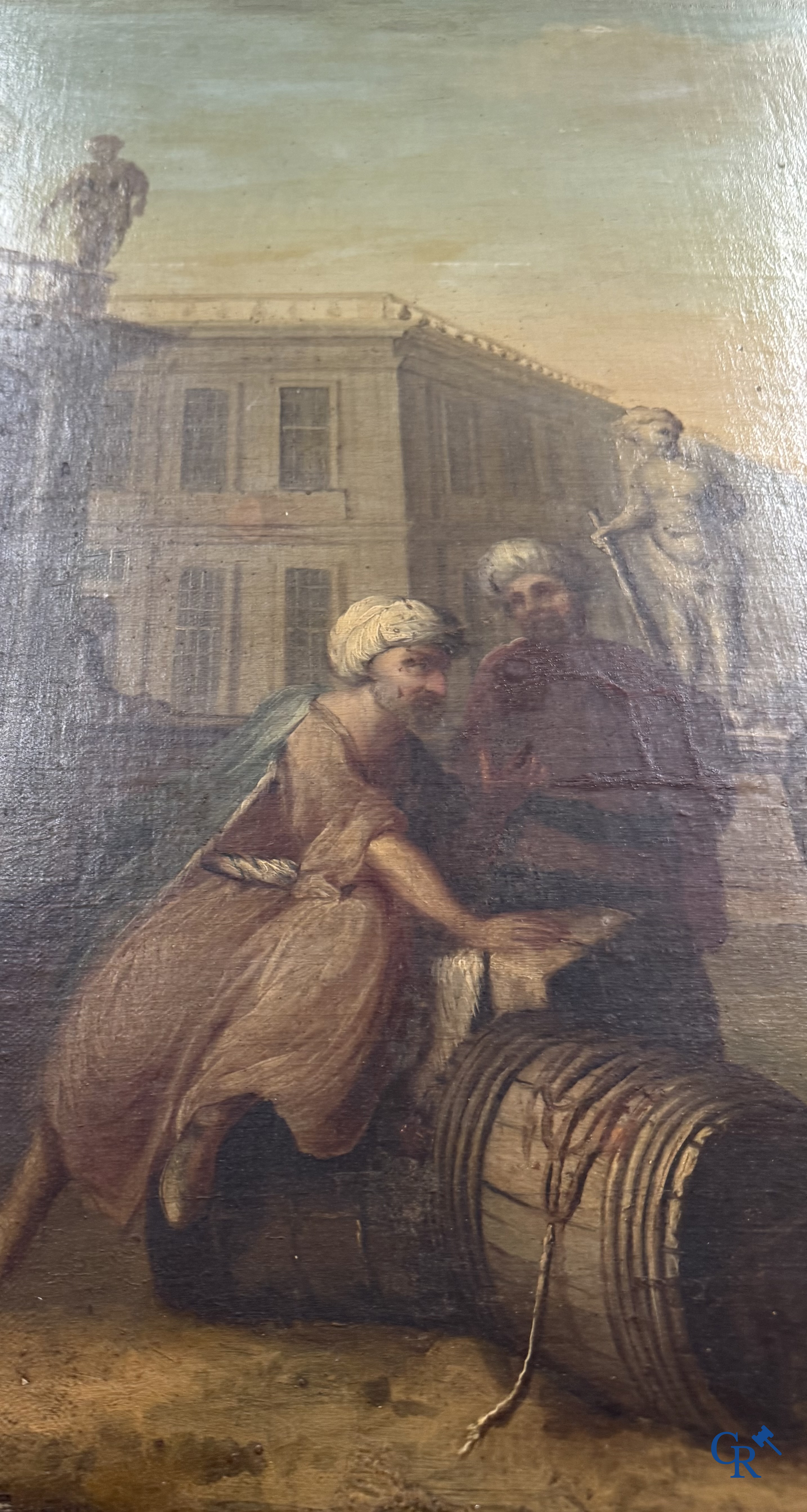 Schilderij. Havenzicht met een Hollands vlaggenschip. Olie op doek, 18e eeuw.