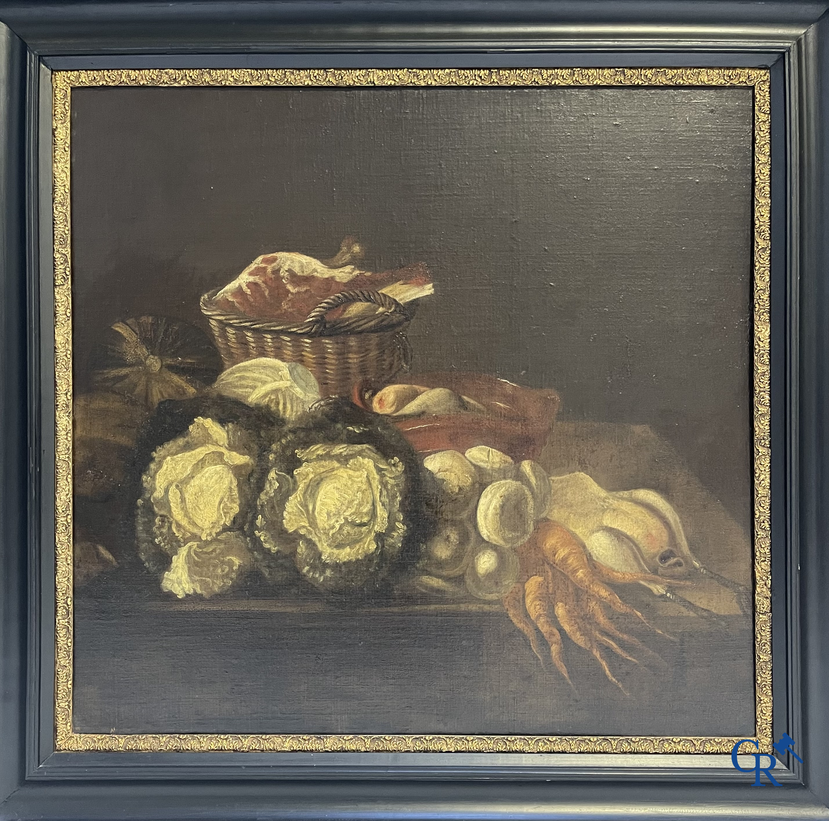Schilderij, olie op doek. Stilleven met groenten, vlees en gevogelte. 18e eeuw.