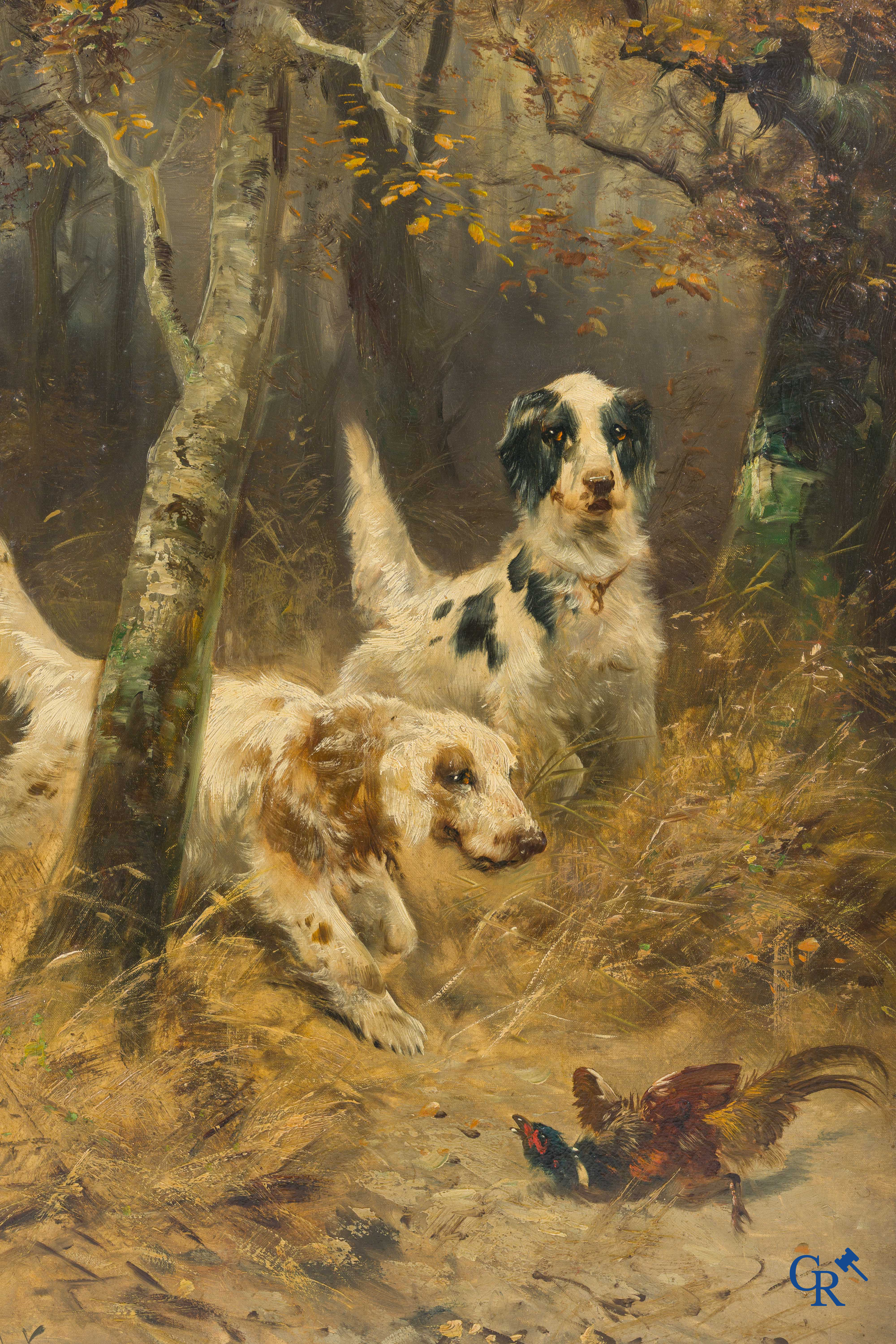 Henry Schouten, hunting dogs with pheasant. Oil on canvas. Signed lower left.