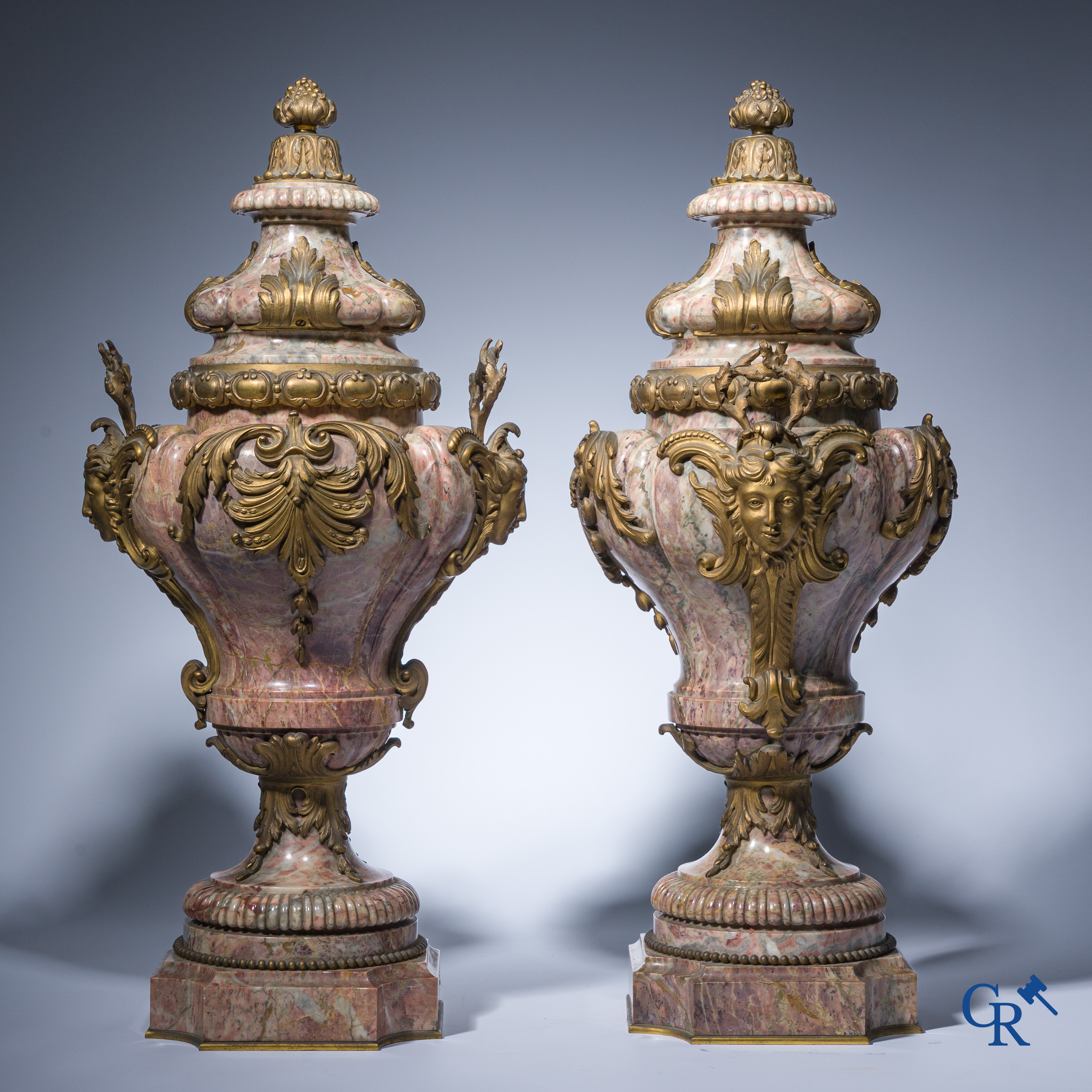 Exceptionally pair of cassolettes in finely carved marble and bronze mounts. LXVI style.