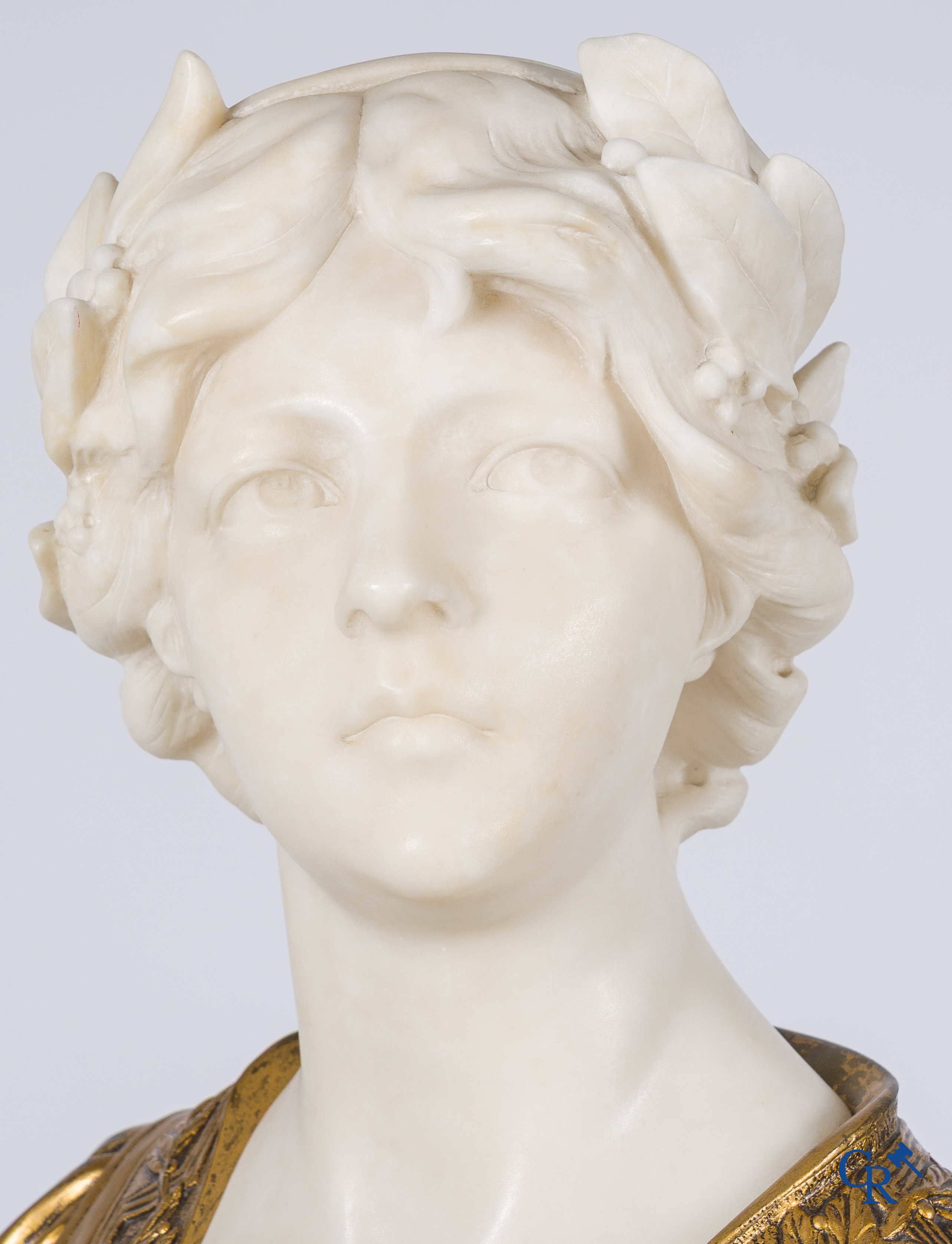 Gustave Van Vaerenbergh (1873-1927) Damesbuste in marmer en brons op een marmeren sokkel. Gesigneerd.