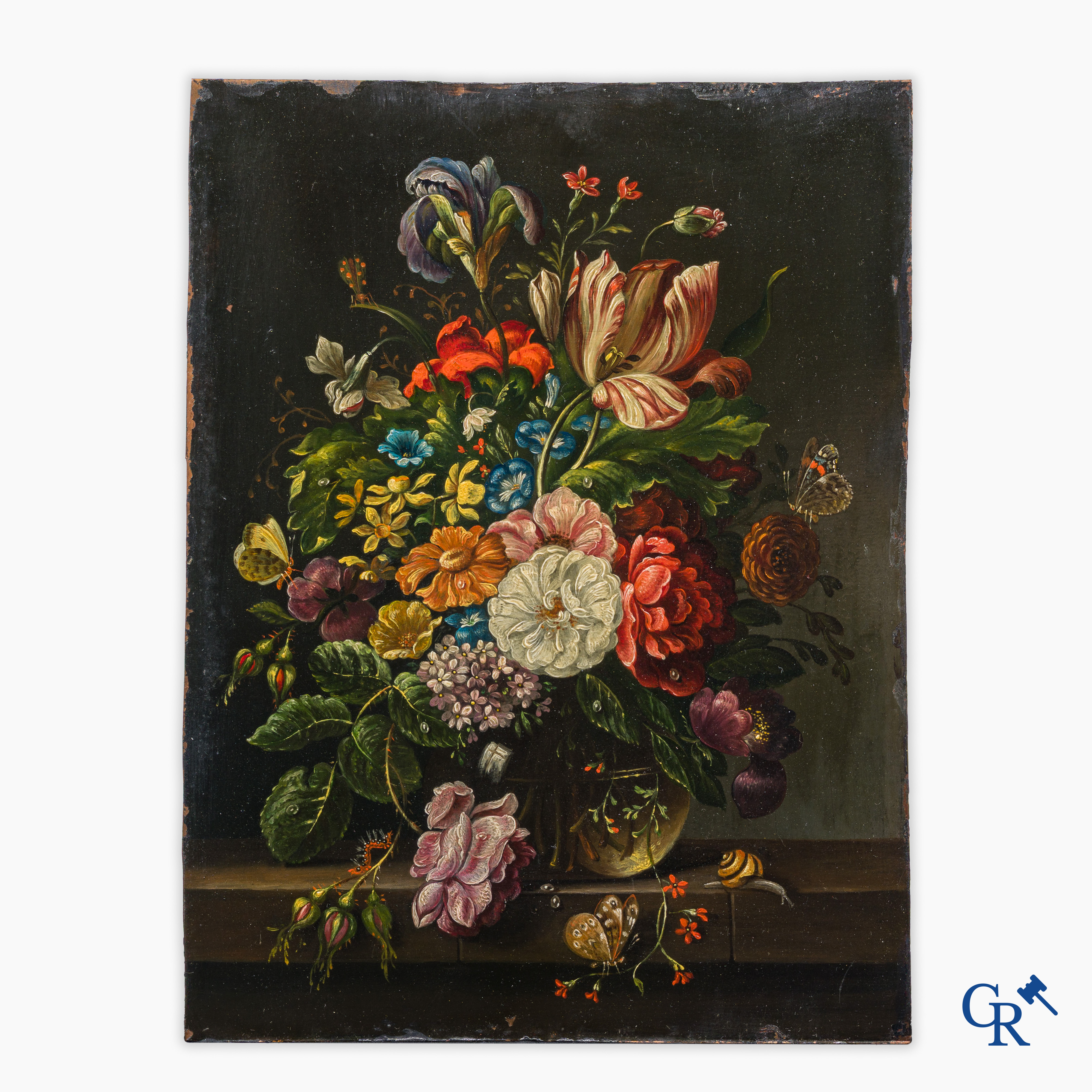 Peinture. Nature morte aux fleurs et aux insectes. Huile sur cuivre. 18e-19e siècle.