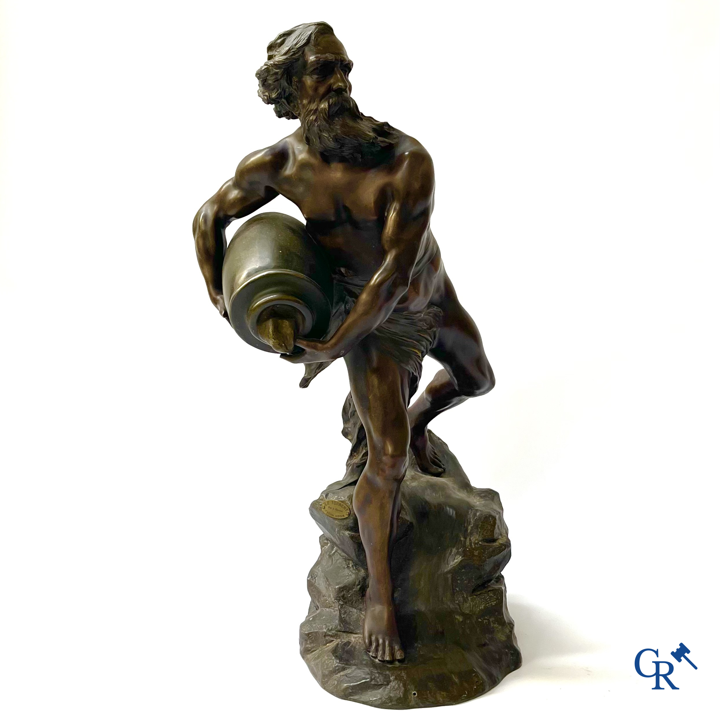 Jules Caussé (1869-1938) "Le Torrent", Salon 1904. Grande statue à patine brune en régule.