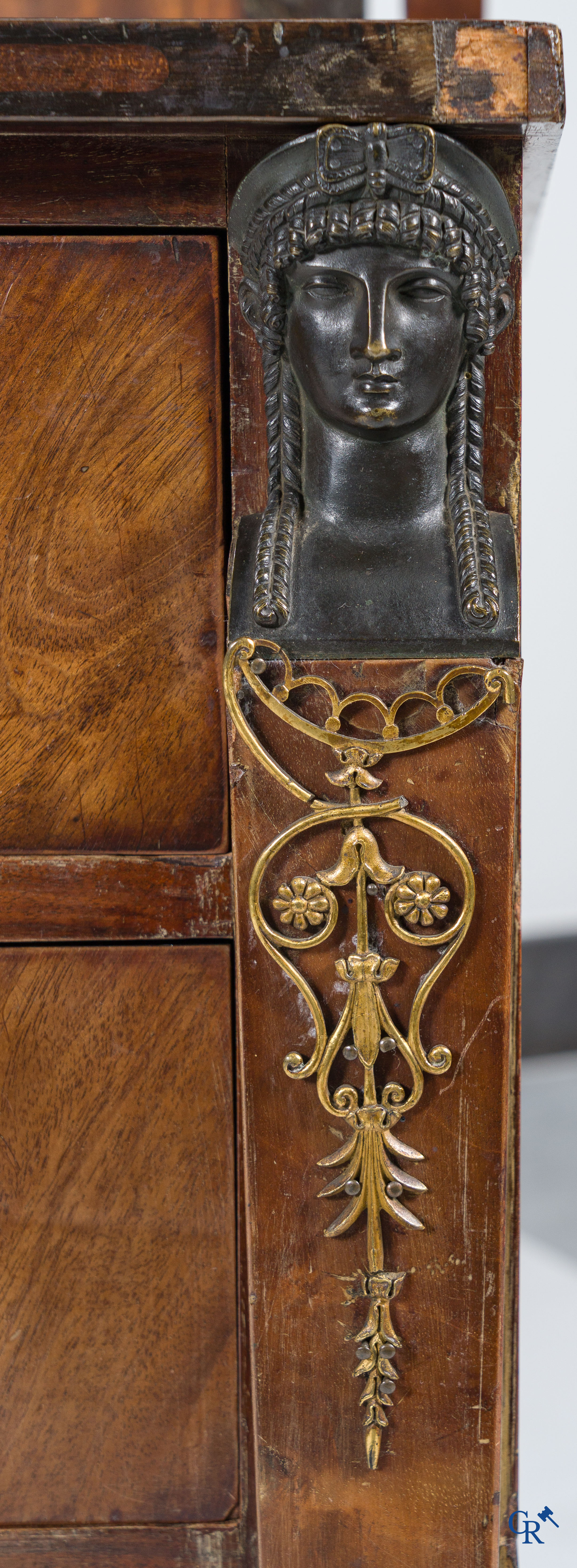 Chapuis, a mahogany wooden men's dressing table and ladies' dressing table with chiseled bronzes. Empire, circa 1810.