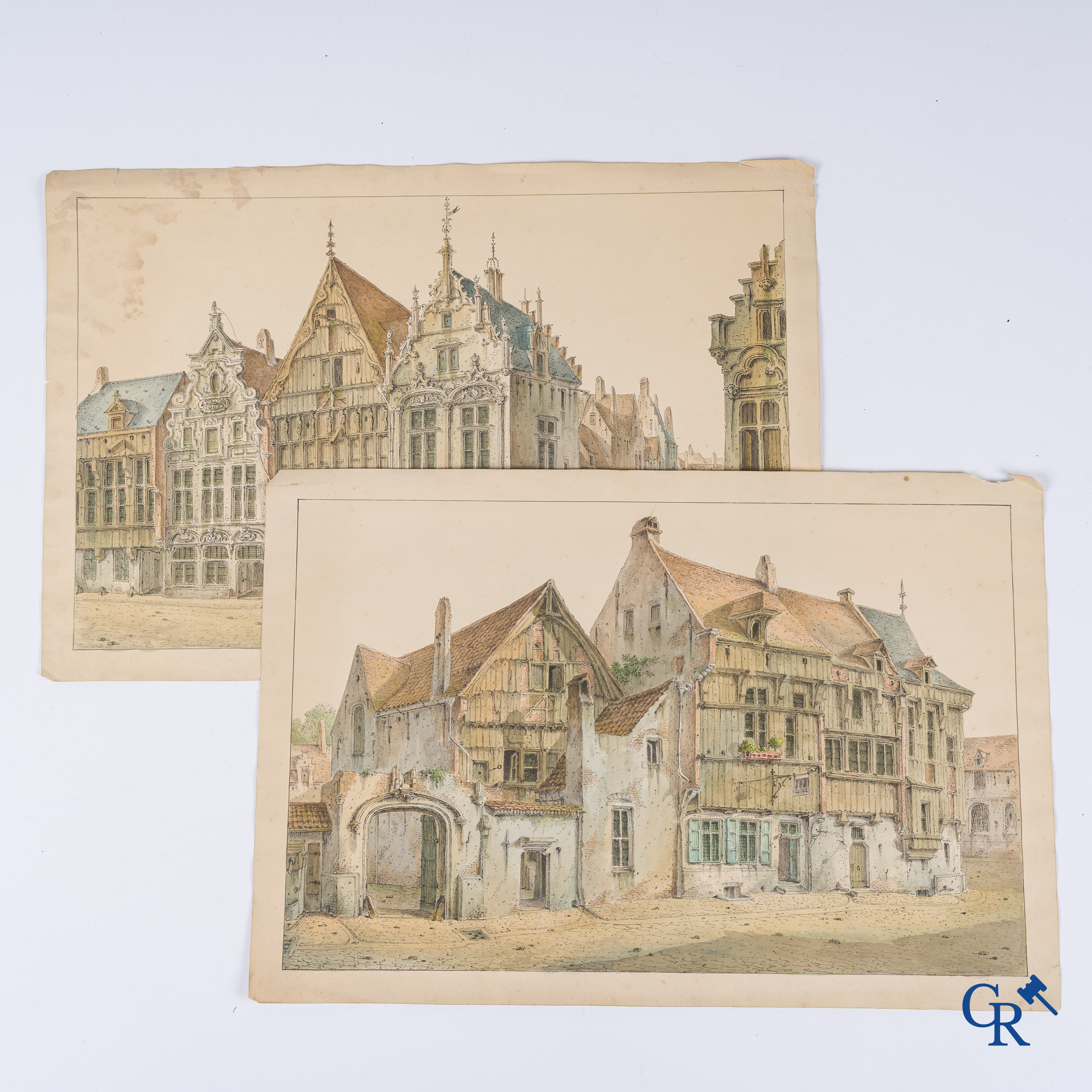 Jean-Baptiste André De Noter (1786-1855) Inkt en waterverf. Zichten van de stad Mechelen.