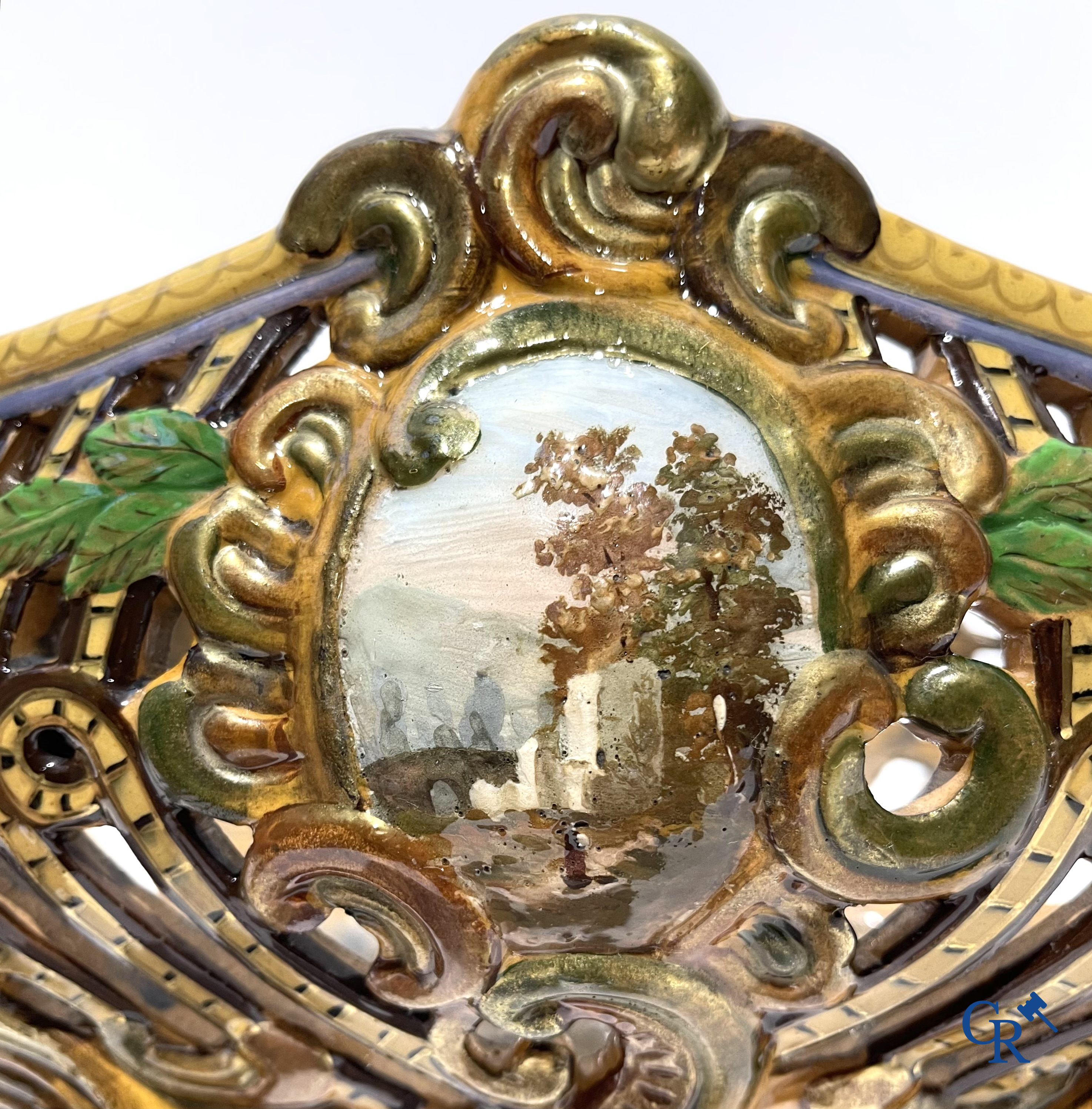 Emile Gallé Nancy, large table centrepiece in enamelled faience. Signed Gallé Nancy deposé.