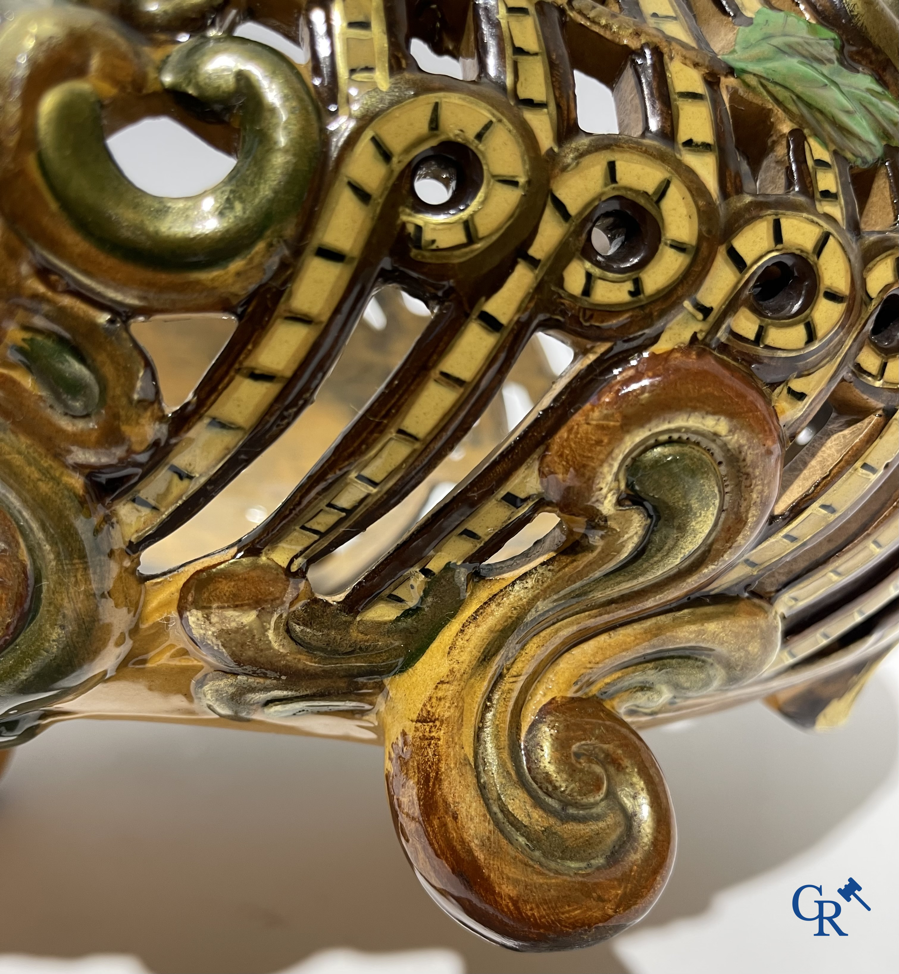 Emile Gallé Nancy, large table centrepiece in enamelled faience. Signed Gallé Nancy deposé.