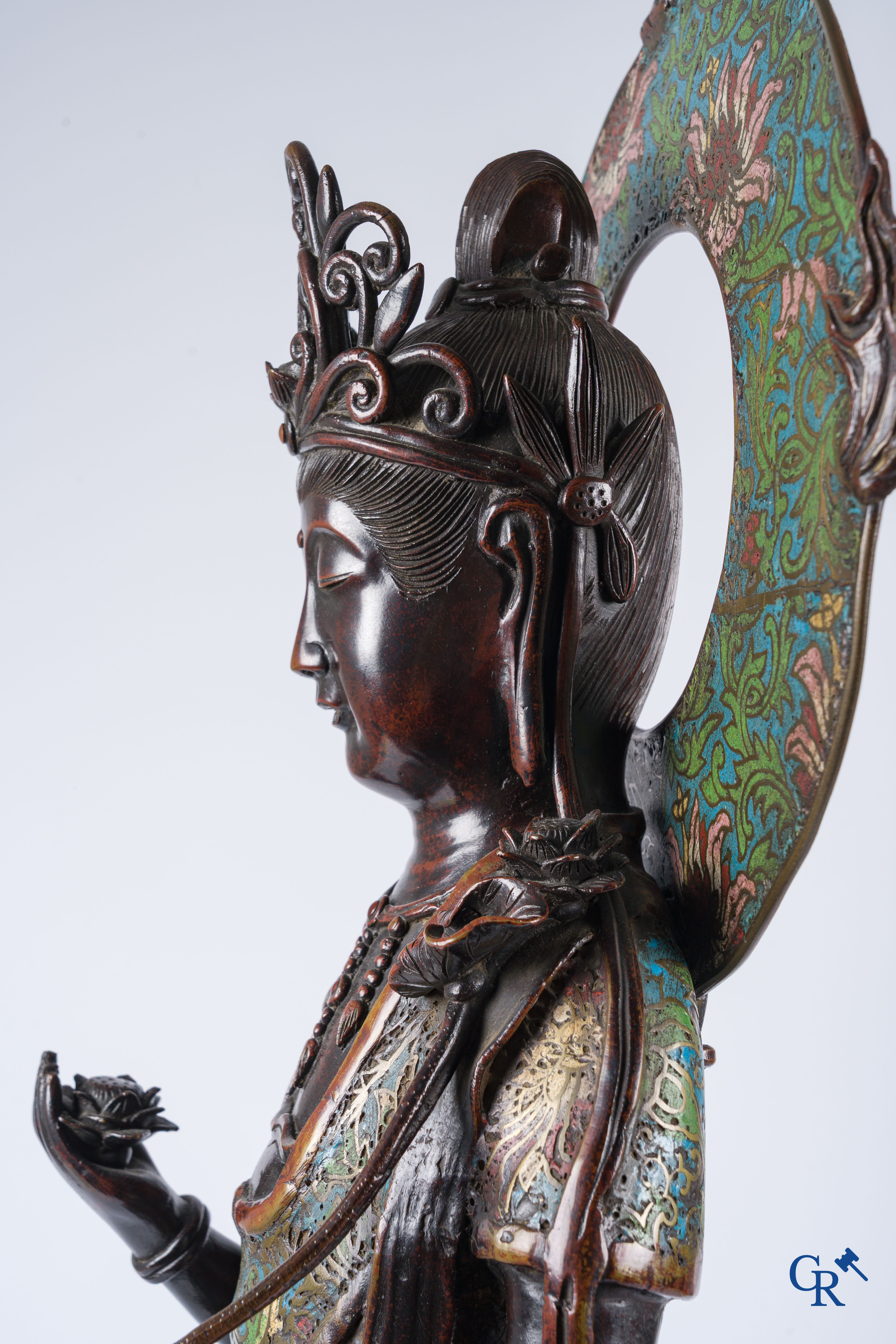 Asian Art, a large Japanese champlevé bronze figure of a standing Guanyin. 19th century.