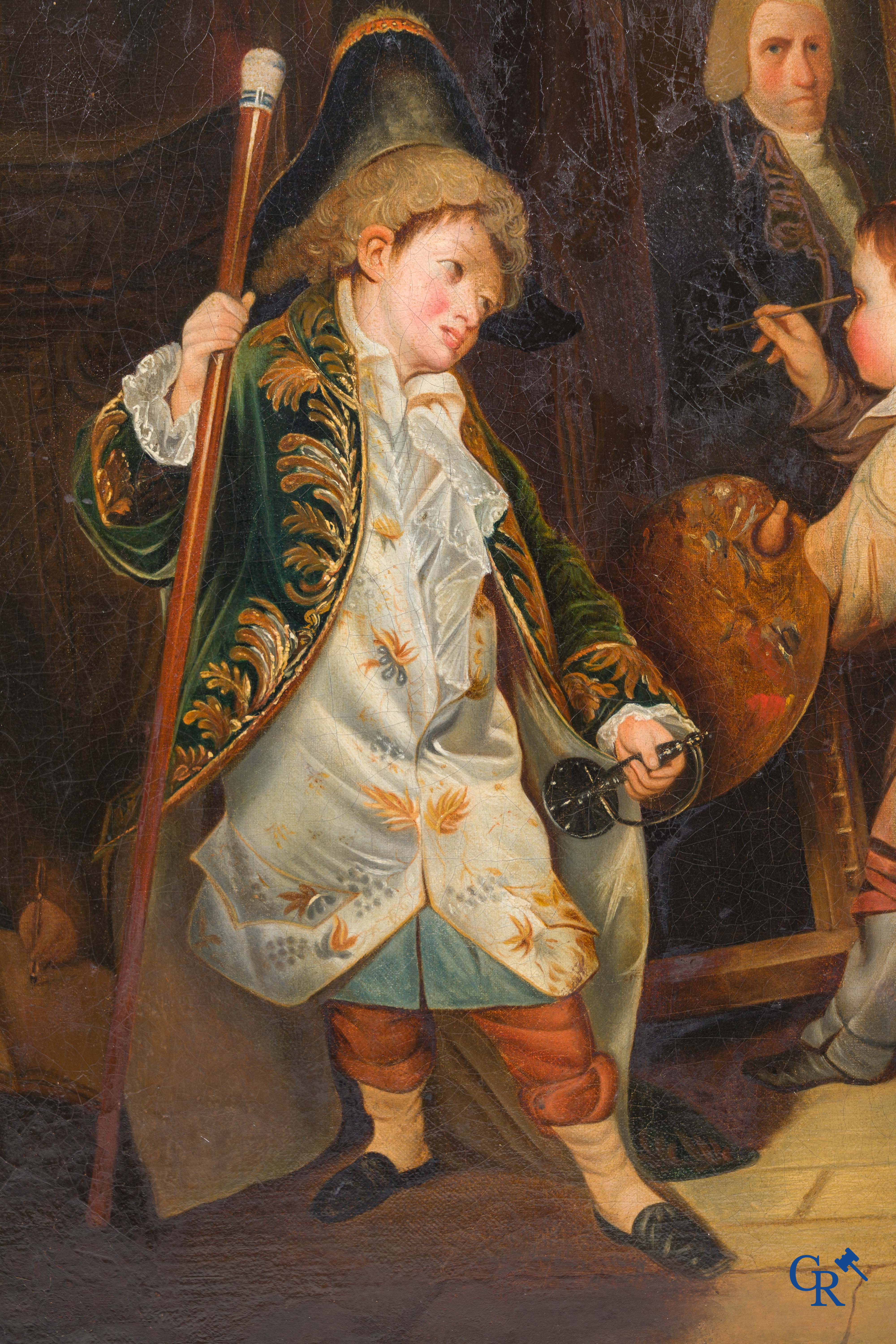 Schilderij, De portrettist, olie op doek. 19e eeuw.