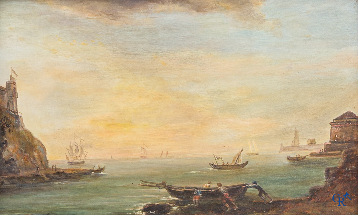 Schilderijen, een paar havenzichten (pendant) Olie op paneel. 19e eeuw.