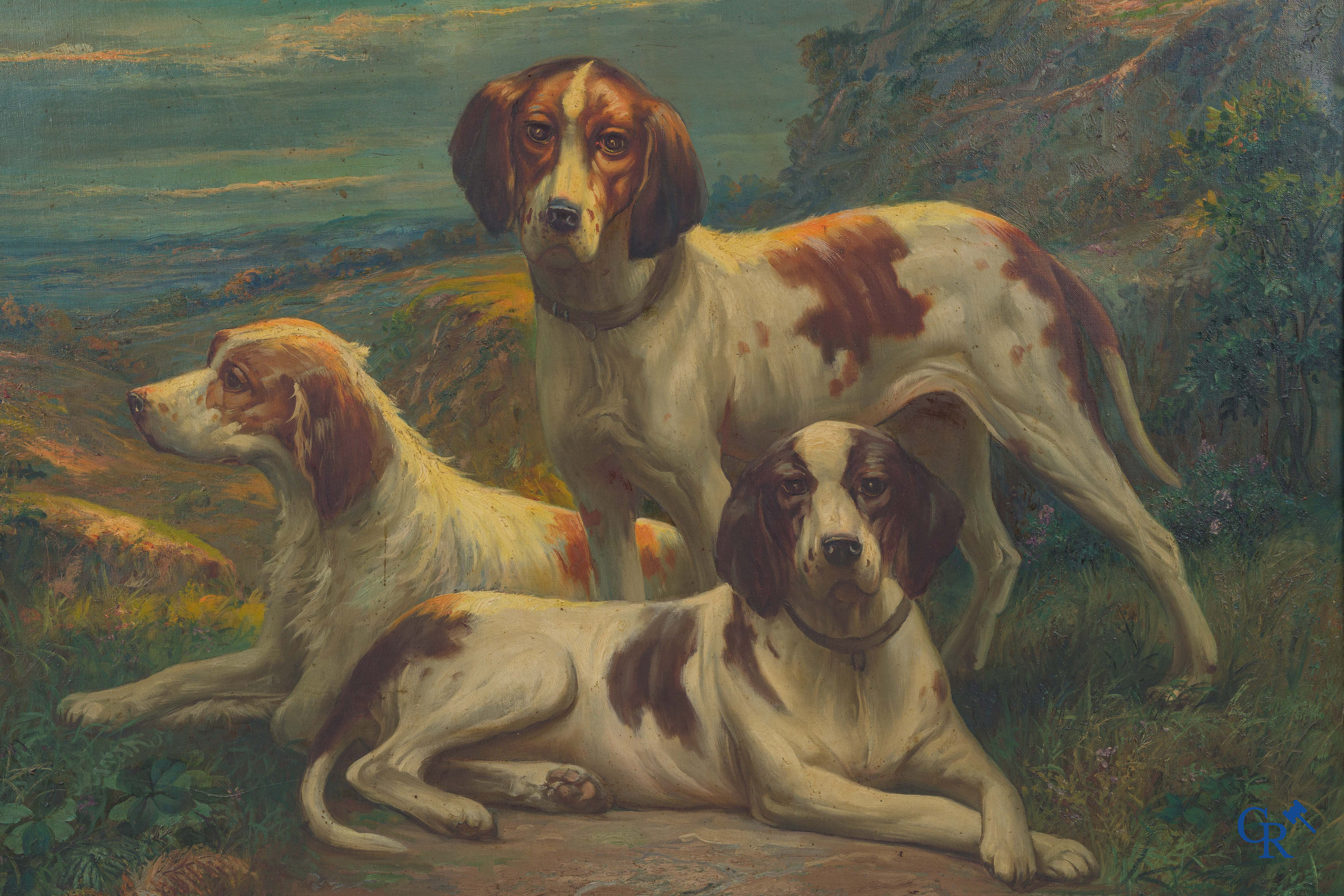 Max Albert Carlier (1872-1938) Groot schilderij met 3 jachthonden in een vergulde kader. Olie op doek.