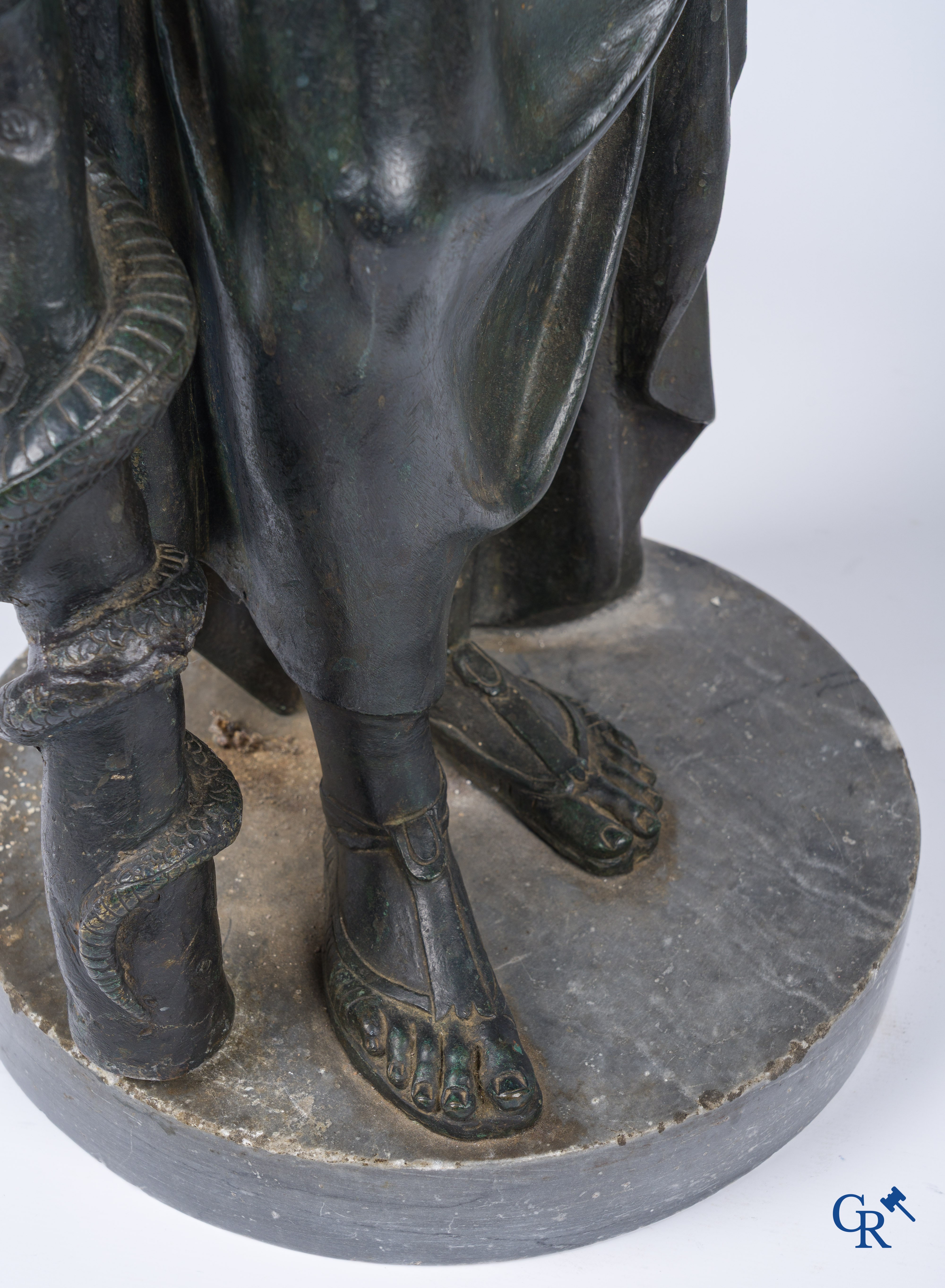 Asklepios. Greek god of medicine and healing. Pedestal in grey St. Anna marble. Late 18th - Early 19th century.