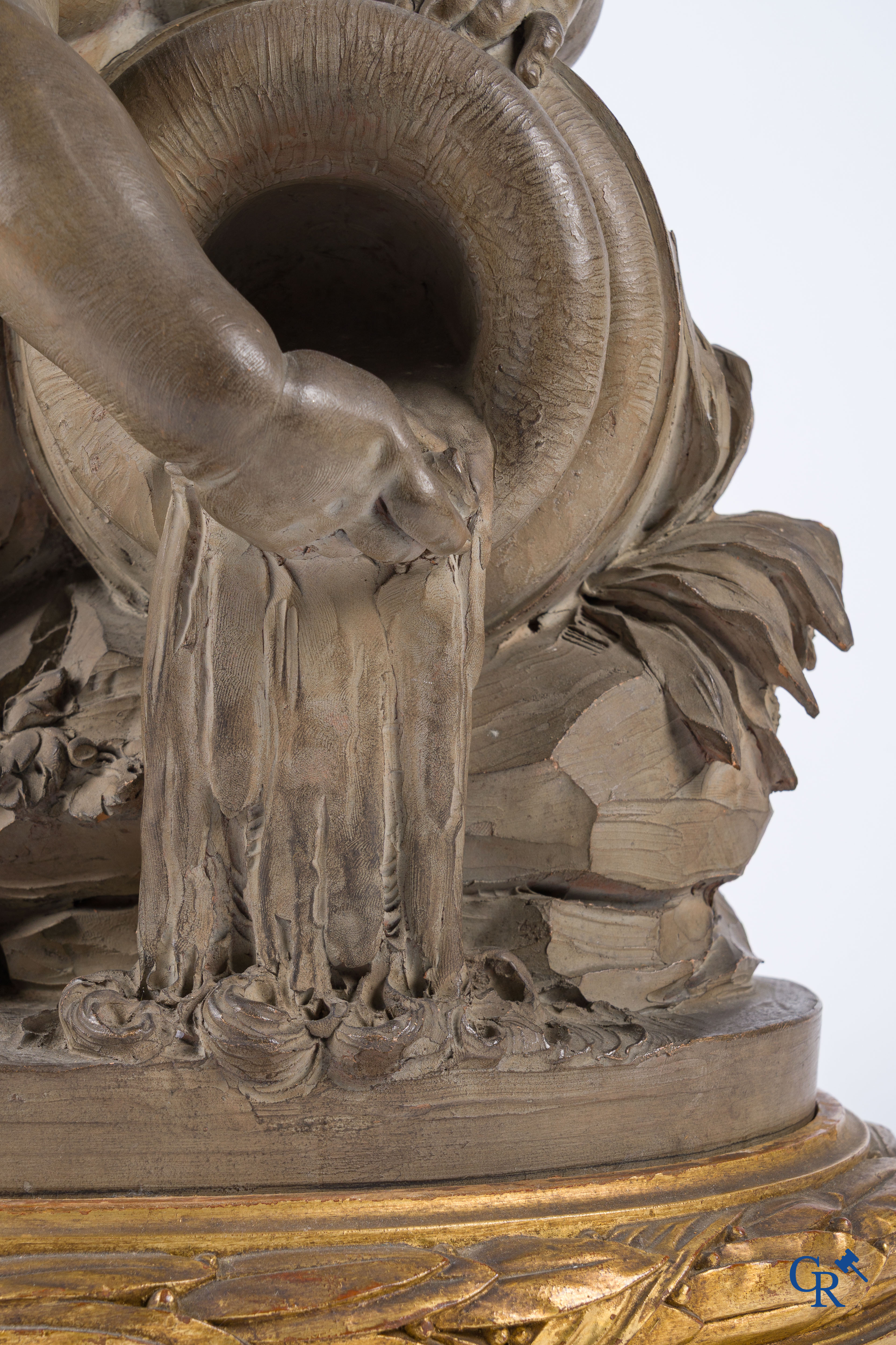 "La Source" A large terra cotta group on a wooden gilded pedestal. LXVI style. 19th century.