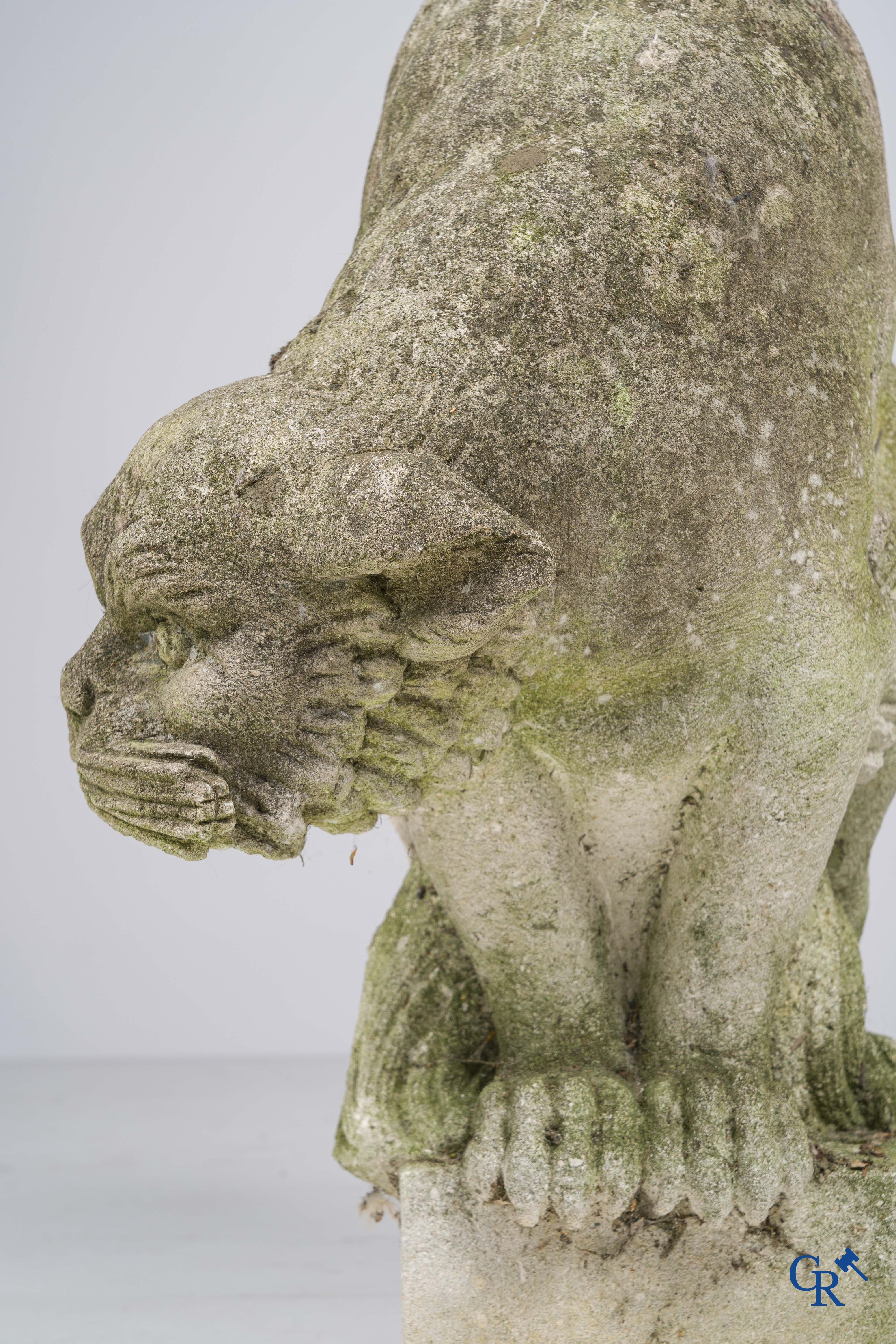Exceptionally pair of large ornaments depicting cats in hand-sculpted limestone. Circa 1900.